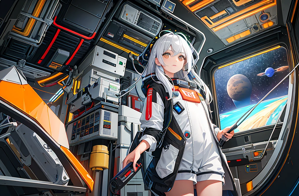 (Masterpiece, Top Quality, Best Quality, Extreme Detail, Supreme Detail, Official Art, Beauty and Aesthetics: 1.2), Colorful, Cowboy Shot, Beautiful Face, Solo, Perfect Body, Beautiful Eyes, 1 Girl, In Space, Spacecraft, Spacesuit, Indoor, (Wire and Cable: 1.1), (Science Fiction: 1.2), Portholes, (Space in Illuminator: 1.1), Stars, Fisheyes, Drifting, Silver White Hair, Neon Lights