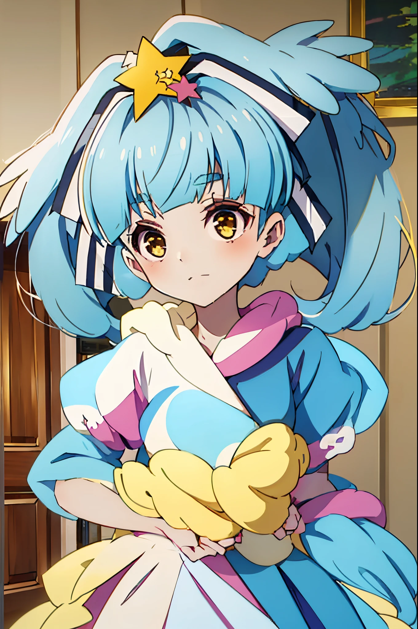 masterpiece, absurdres, 1girl, LilyHoshikawaR4, blue hair, hair ornament, yellow eyes, hair ribbon,twintails, portrait