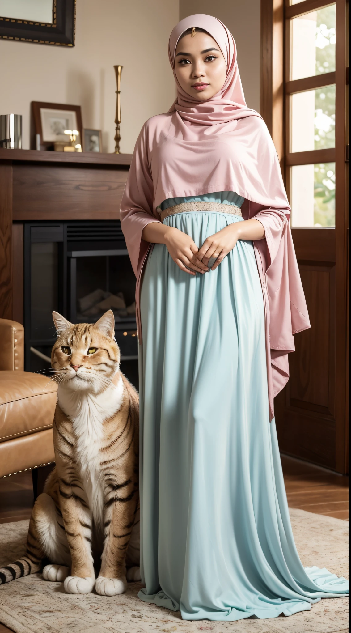 RAW, Best quality, high resolution, masterpiece: 1.3), beautiful Malay woman in hijab (iu:0.8),Design a heartwarming scene as the young Malay woman in pastel color hijab interacts with her beloved very big cat pet, very big fluffy white persian cat, very cute Malay woman with beautiful small petite body, wear modest baju kurung, big breast, small petite body, beer belly, small waist, slim, wide hips, thick thighs, showcasing the bond between them in a cozy home setting, bright lighting, happy, 8k, high quality, ray lighting