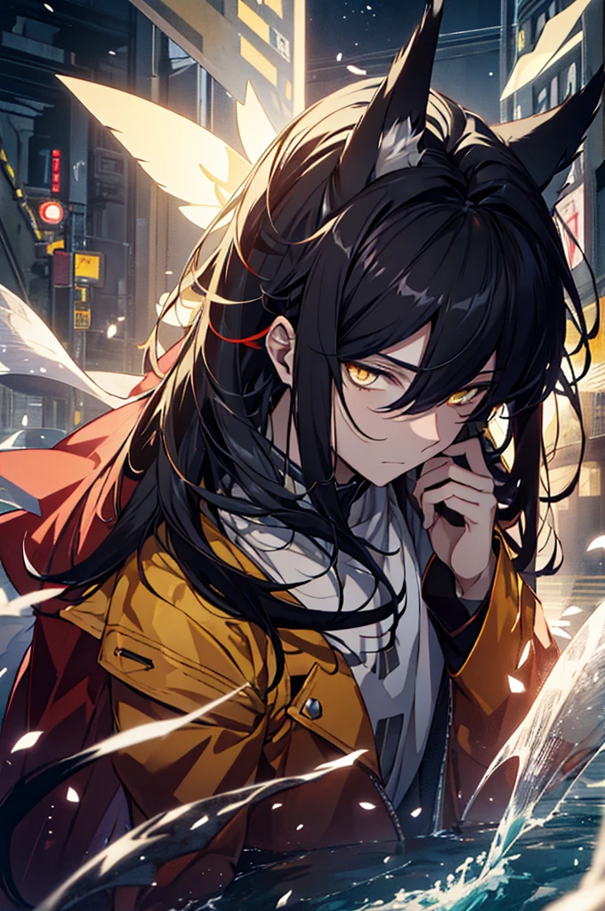 (Male) Wolf ears, With black hair and yellow eyes, beautiful as a fairy,A melancholy expression that stirs affection,side face,floating hair,light particles,glare,vivid,fancy,dreamlike,a dim atomshpere, Red and Yellow Jacket.