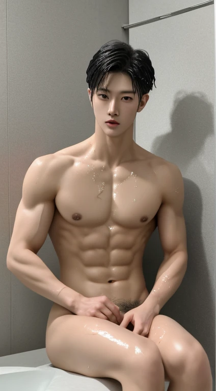 8k, Hd, Masterpiece, handsome, cute, handsome, sitting, in the bathroom, shower, wet, muscular, abs, Korean boy, handsome guy, handsome, sharp eyes, sleepy eyes, Korean hair, middle parted hair, fully naked, erected penis