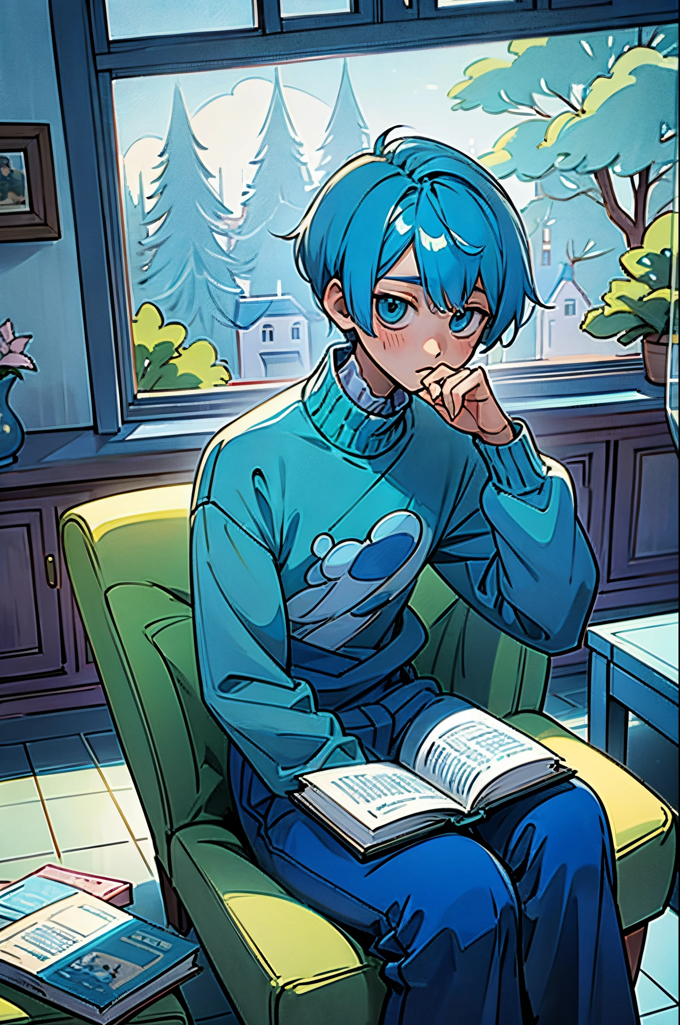 kpop boy, majolica blue hair, in blue cute sweater outfit, sit near by the window, inside living room, chill lofi, look out the window, cool, holding novel book