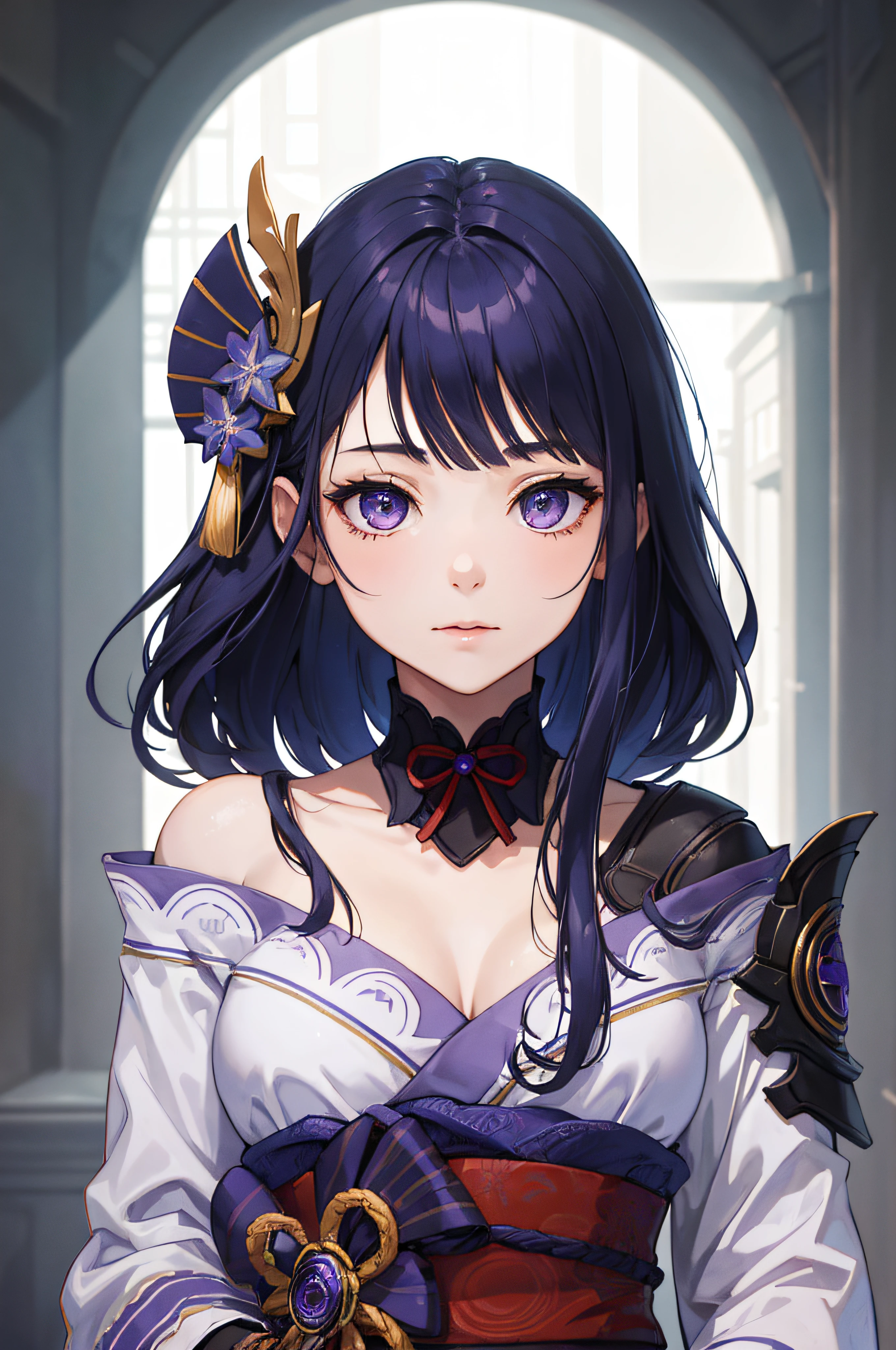 ((face portrait)), close-up portrait, (masterpiece), best quality, expressive eyes, perfect face, 1 girl, solo, raidenshogundef, short hair, slight smile, upper body, portrait, looking at the viewer