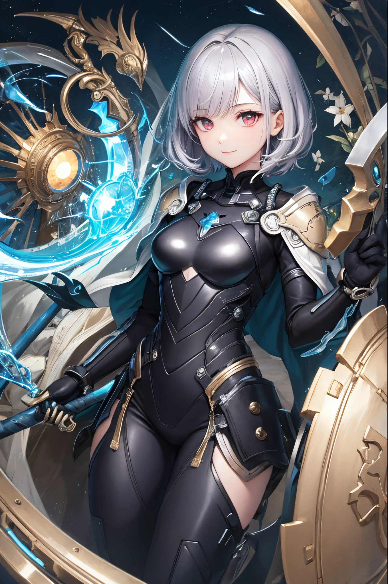 top-quality、Top image quality、masterpiece、超A high resolution、2D Beautiful Girl、android beautiful girl、, Cybersuit glowing black, The source of the blue energy in the chest、Silvery hair、short-haired,Red eyes、A slender、Gentle smile、(The face is depicted in detail)、The eyes are very detailed、The clothes are also depicted in detail、The background is detailed、hiquality、Beautiful Art、Fantastic Universe、Elaborate design、fight with a scythe、soio、Knights、animesque、illustratio、Full body front
