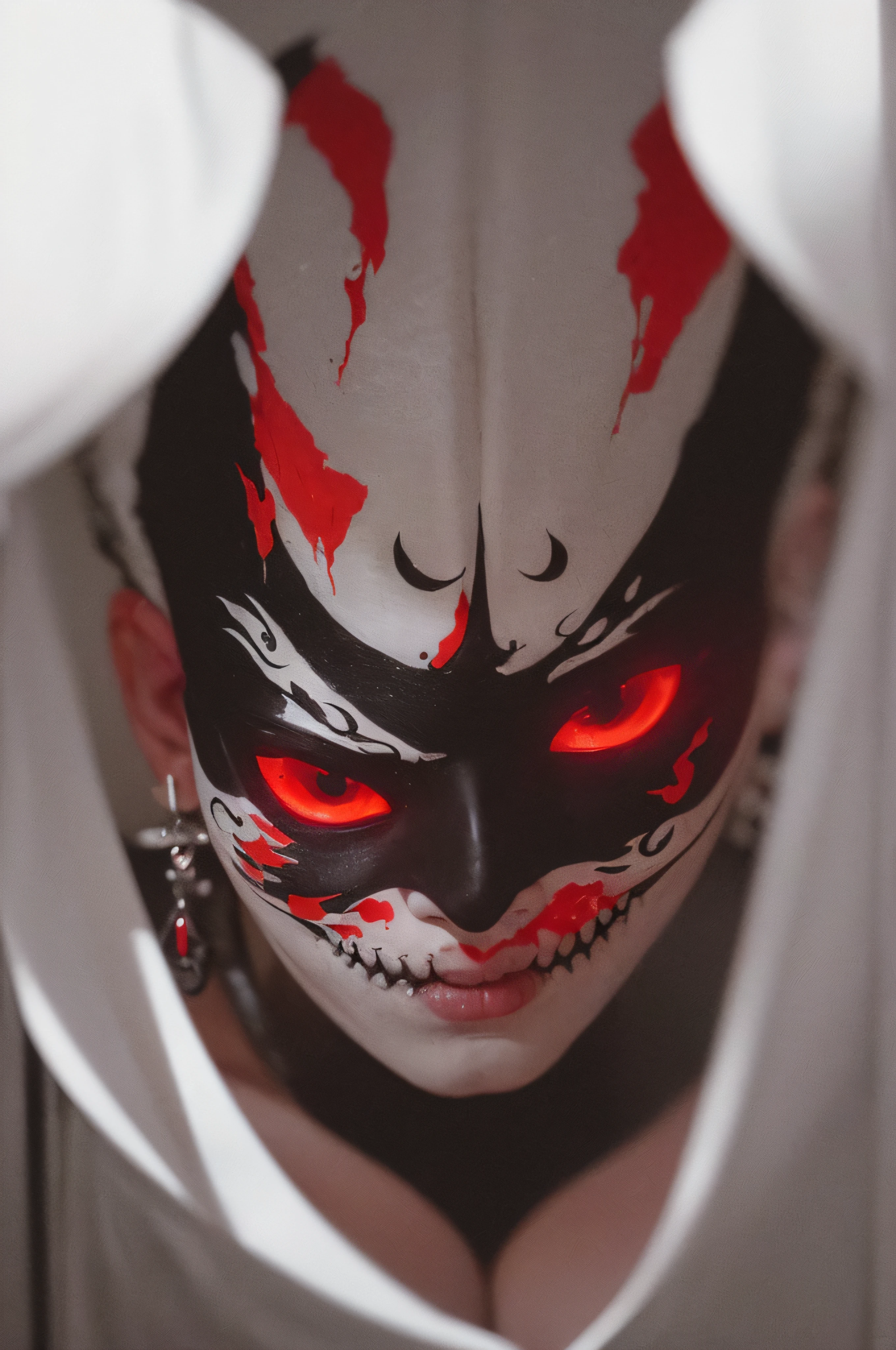 "(The best lighting, oscuro, dramatic),(feto calavera geisha escupiendo tinta roja, Cicatrices, sexy, cerebro, sangre, una rata dentro de la cabeza, terror.),(ojos rojos, calaveras). volumetric light.