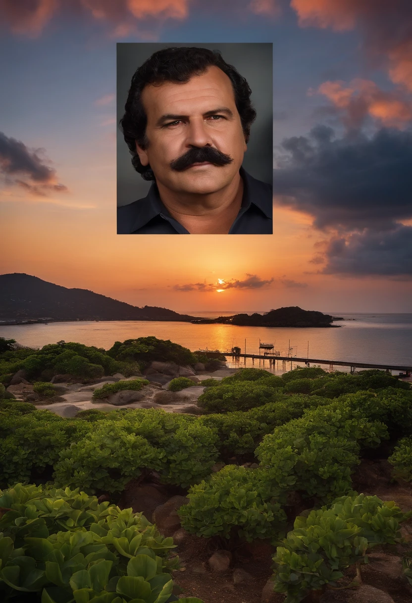 A photo of a sunset over the ocean,original,Pablo Escobar, the infamous Colombian drug lord and leader of the Medellín Cartel, was often recognized for his stout build and mustachioed face. He typically dressed in casual attire, favoring simple polo shirts and slacks, which contrasted sharply with his immense wealth and power. His dark, brooding eyes and stern expression often gave him an intimidating presence, a reflection of his formidable status as one of the world’s most notorious criminals.