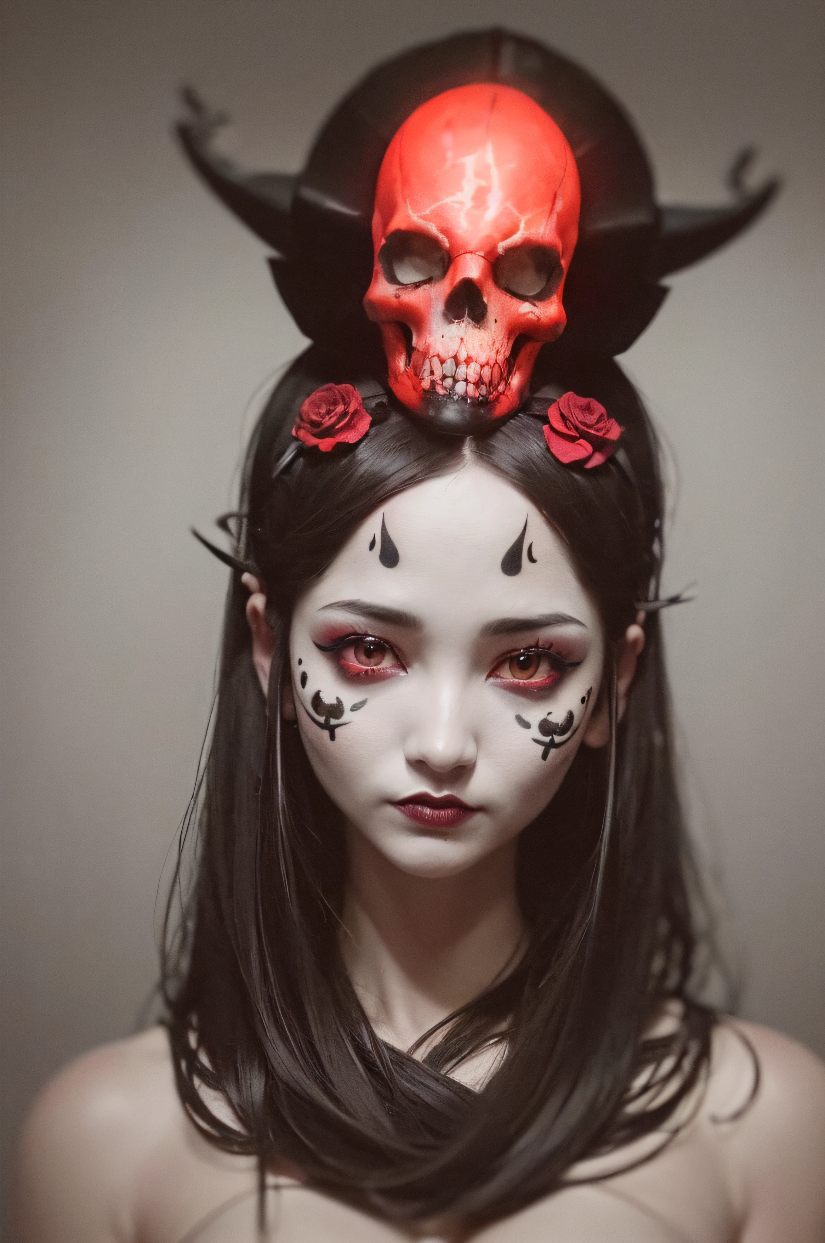 "(The best lighting, oscuro, dramatic),(feto calavera geisha escupiendo tinta roja, Cicatrices, sexy, cerebro, sangre, una rata dentro de la cabeza, terror.),(ojos rojos, calaveras). volumetric light.