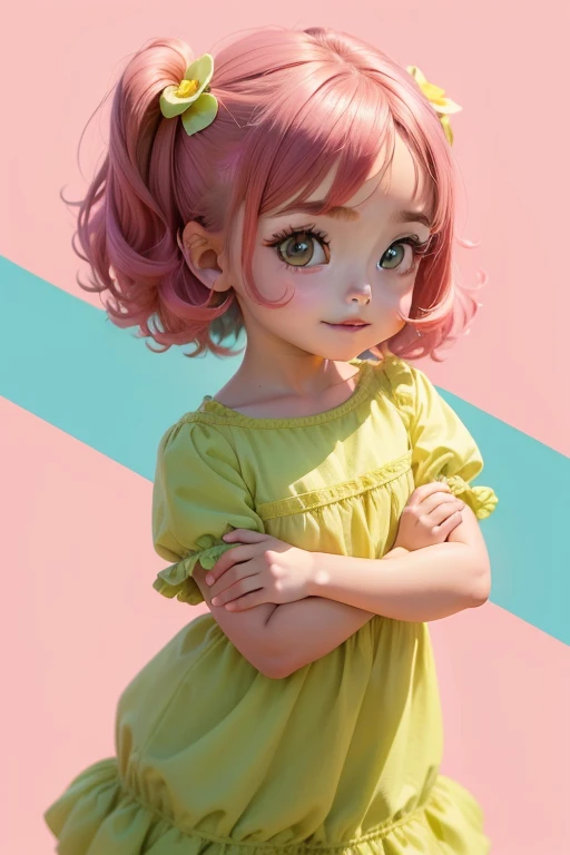 , cartoon, 5 anos aproximadamente, garota pequena, estilo chibi, Olhos grandes, sorriso fofo, cabelo rosa, estilizada, cores vivas, imagem corpo todo, background verde (no gradient), She's asking a question and she's reflective