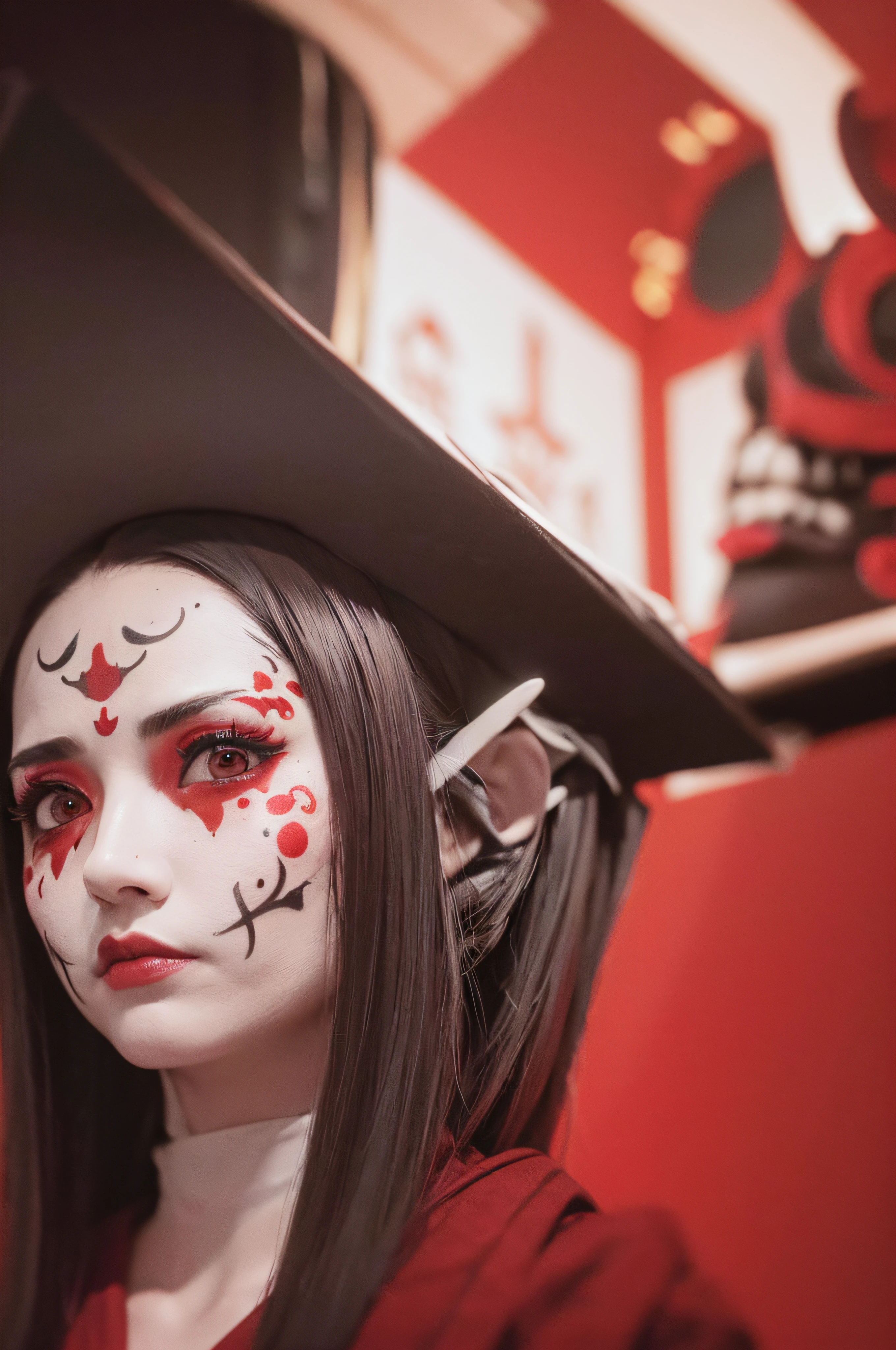 "(The best lighting, oscuro, dramatic),(feto calavera geisha escupiendo tinta roja, Cicatrices, sexy, cerebro, sangre, una rata dentro de la cabeza, terror.),(ojos rojos, calaveras). volumetric light.