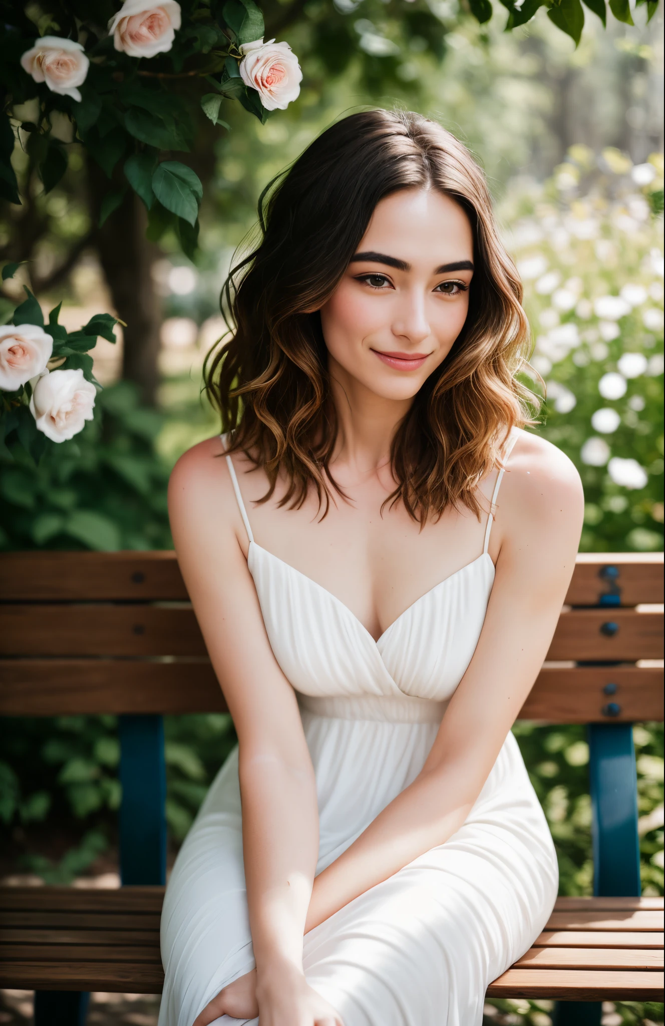 Ultra-sharp portrait of a young woman sitting on a stone bench in a garden, natural afternoon front lighting softly illuminates her pale complexion and highlights warm tones in her wavy brown hair, her lips curled up in a gentle shy smile not fully revealing clenched teeth, minimal catch lights in her eyes under lowered brows maintain an air of modesty, falling just out of focus is a bouquet of flowers in her lap continuing lines of her flowing sundress, shallow depth of field throws the background into smooth bokeh rendering leaves and greenery as organic colored shapes, sharp focus on her features captured with such clarity it's as if she's really there on the bench, shot wide open on a Nikon D850 with a fast prime lens her skin appears so soft and lifelike you can almost imagine touching her warm cheek, a fleeting private moment observed with such aesthetic beauty in stillness it brings calm to the viewer.