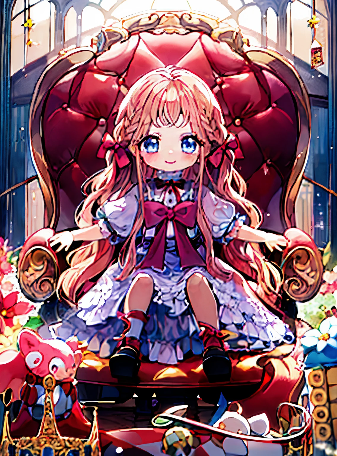 uma foto de uma menina sentada em uma cadeira com uma boneca, princesa anime, portrait of magical young girl, splash arte anime loli, visual anime de uma menina bonito, Loli no vestido, magical girl anime mahou shojo, menina pequena loli, capa de anime, arte oficial, divindade de cabelos brancos, Cute anime waifu in a nice dress, small curvy loli