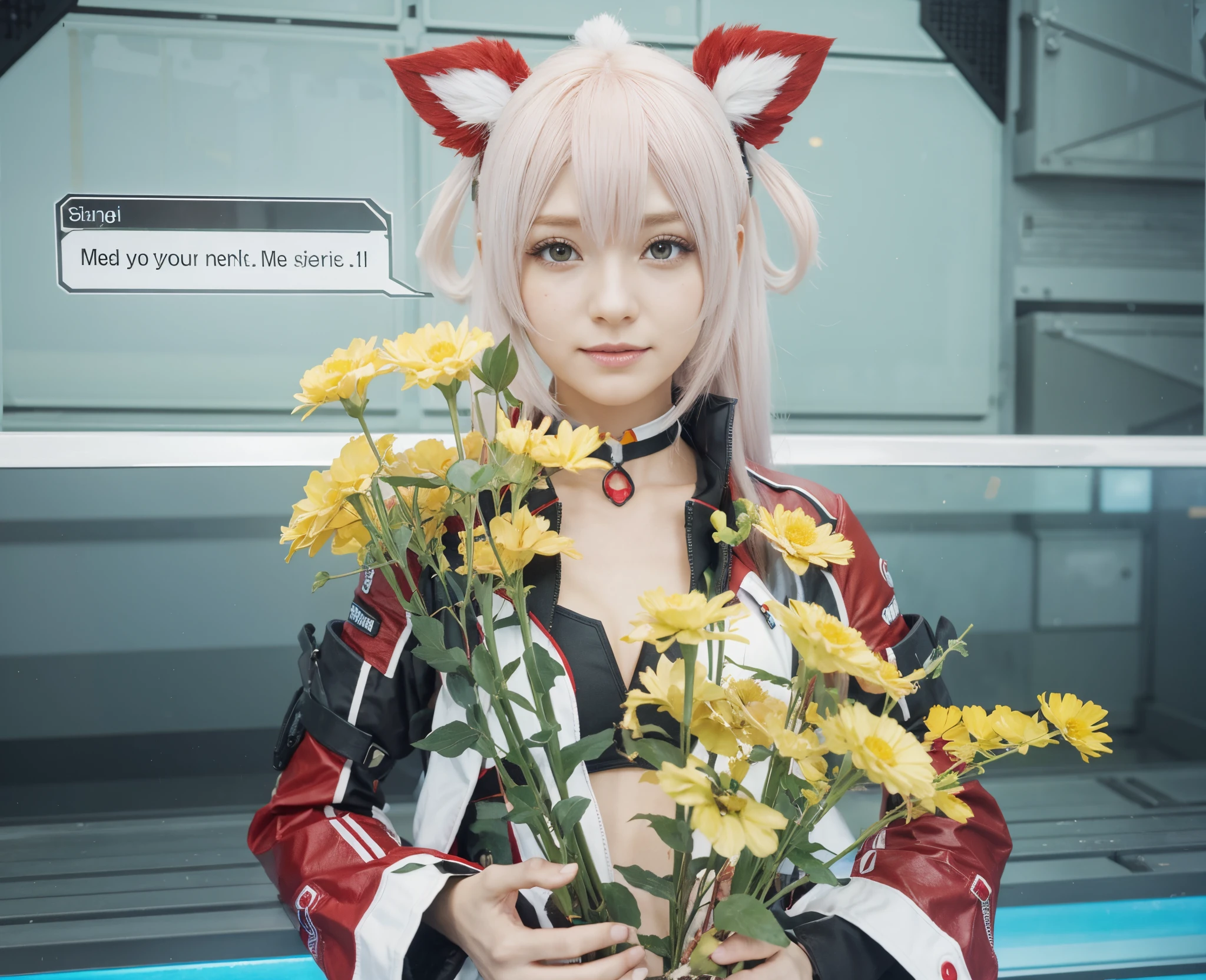 mato, Phantasy Star Online 2, Segurando flores amarelas, Feliz, science fiction red hair clip, red science fiction clothes