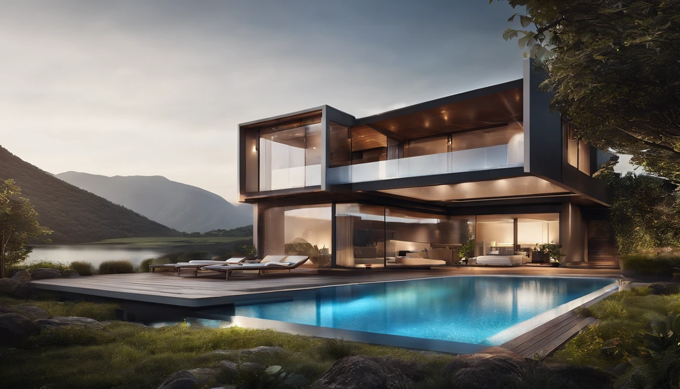 Future technology house, 3-storey building, Facing the mountains, lake scene, large pool, modern architectural style, hyper detailed photo, buliding, Complex , shadowing, HighDynamicRange, Dinamic Light, フォトリアリスティック, Light, natural and soft, Low H, tmasterpiece, 8K details. A lot of detail, Large area of floor-to-ceiling glass, The combination of technology and natural environment, looks super cool,
