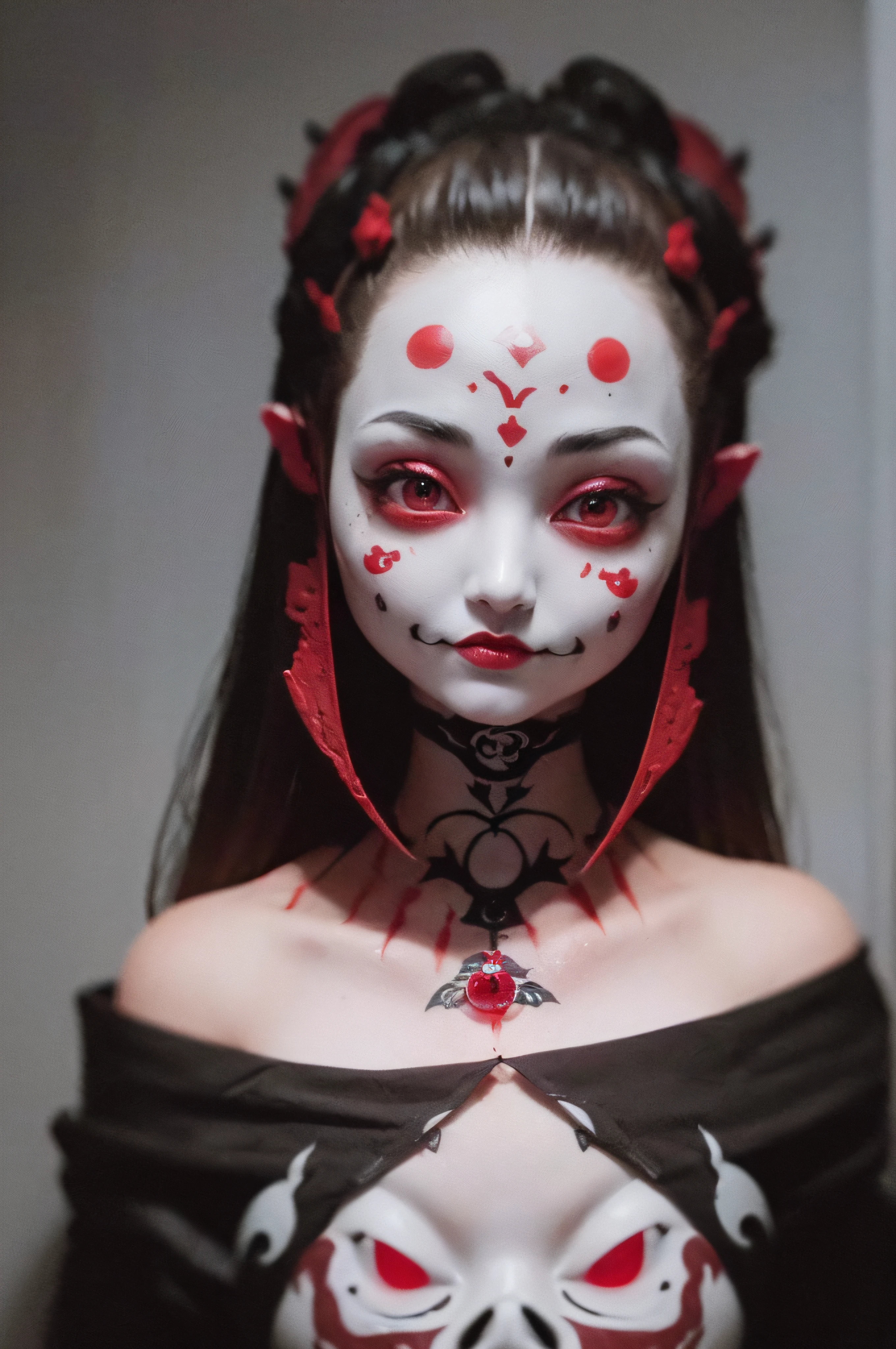 "(The best lighting, oscuro, dramatic),(feto calavera geisha escupiendo tinta roja, Cicatrices, sexy, cerebro, sangre, una rata dentro de la cabeza, terror.),(ojos rojos, calaveras). volumetric light.