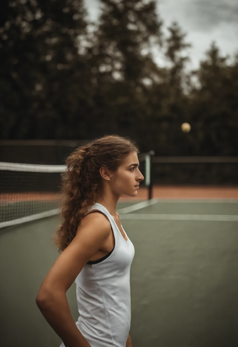 Gorgeous teenager on tennis court, ready to serve