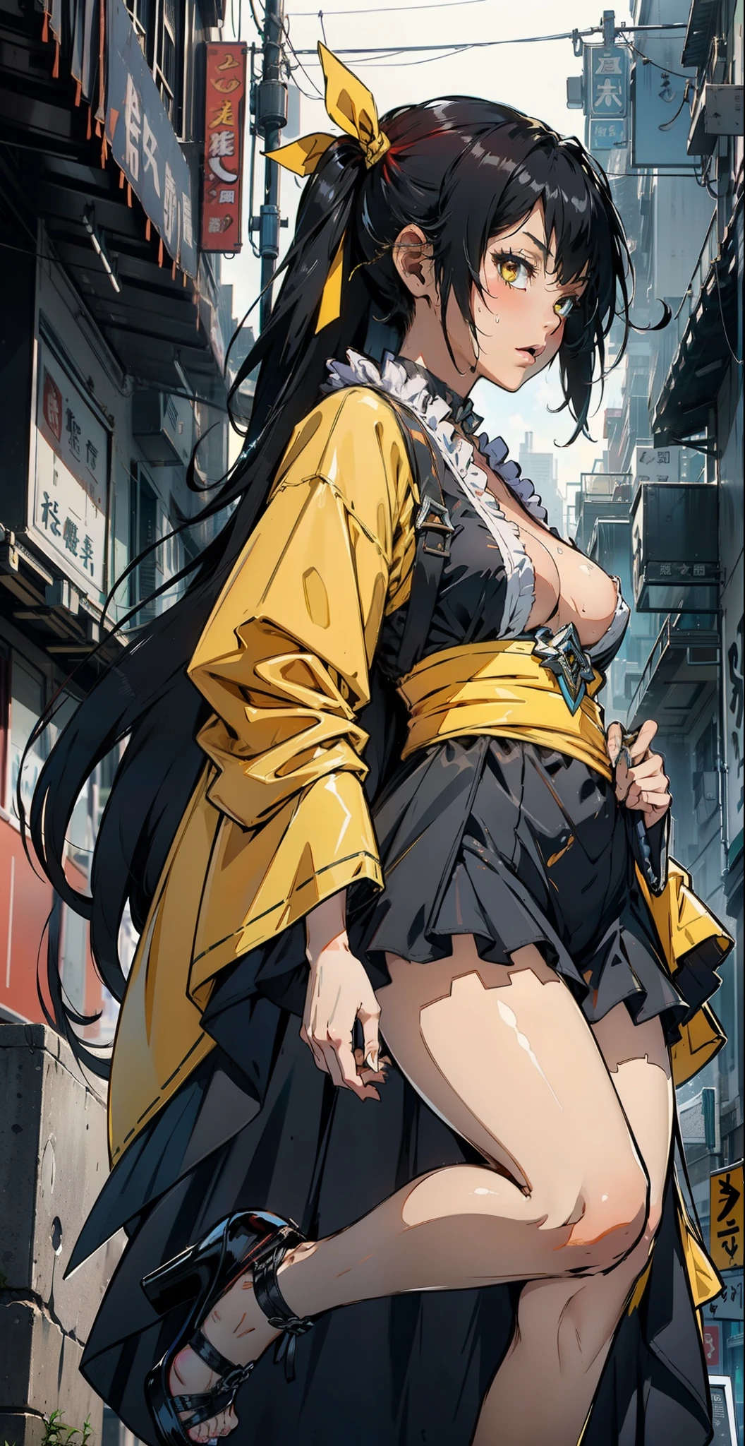 1female,15yo,Slim,熟妇,medium cleavage breasts Thin waist,slenderlegs,Pornographic exposure, 独奏,master nemesis, dark-skinned female, black hair, very long hair, twin tails, yellow eyes, medium breasts,(wearing: yellow kimono, obi, ribbon, stocking, high heels), looking at viewer,(Background with:ln the forest,the rainforest,in summer,standing on your feet,Sweat profusely,drenched all over the body,seen from the front, hair straight, mostly cloudy sky,(((tmasterpiece),(Very detailed CG unity 8K wallpaper),best qualtiy,cinmatic lighting,detailed back ground,beatiful detailed eyes,Bright pupils,(Very fine and beautiful),(Beautiful and detailed eye description),ultra - detailed,tmasterpiece,)),facing at camera,(Full body photo),Show shoes,A high resolution,ultra - detailed),revealing breasts, Bulge,legs are open,Raised sexy,Flushed complexion,Open-mouthed,frontage,full body,