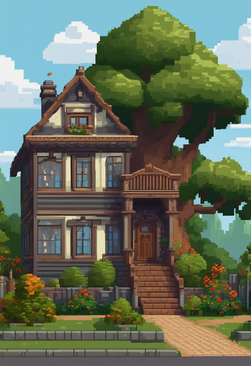 pixel art of a house with a tree in front of it, beautiful detailed pixel art, detailed pixel art, lo-fi retro videogame, concept pixelart, detailed pixel artwork, pixel art style, pixel town, pixel art animation, high quality pixel art, cottage town, super detailed color lowpoly art, #pixelart:3, # pixelart, #pixelart