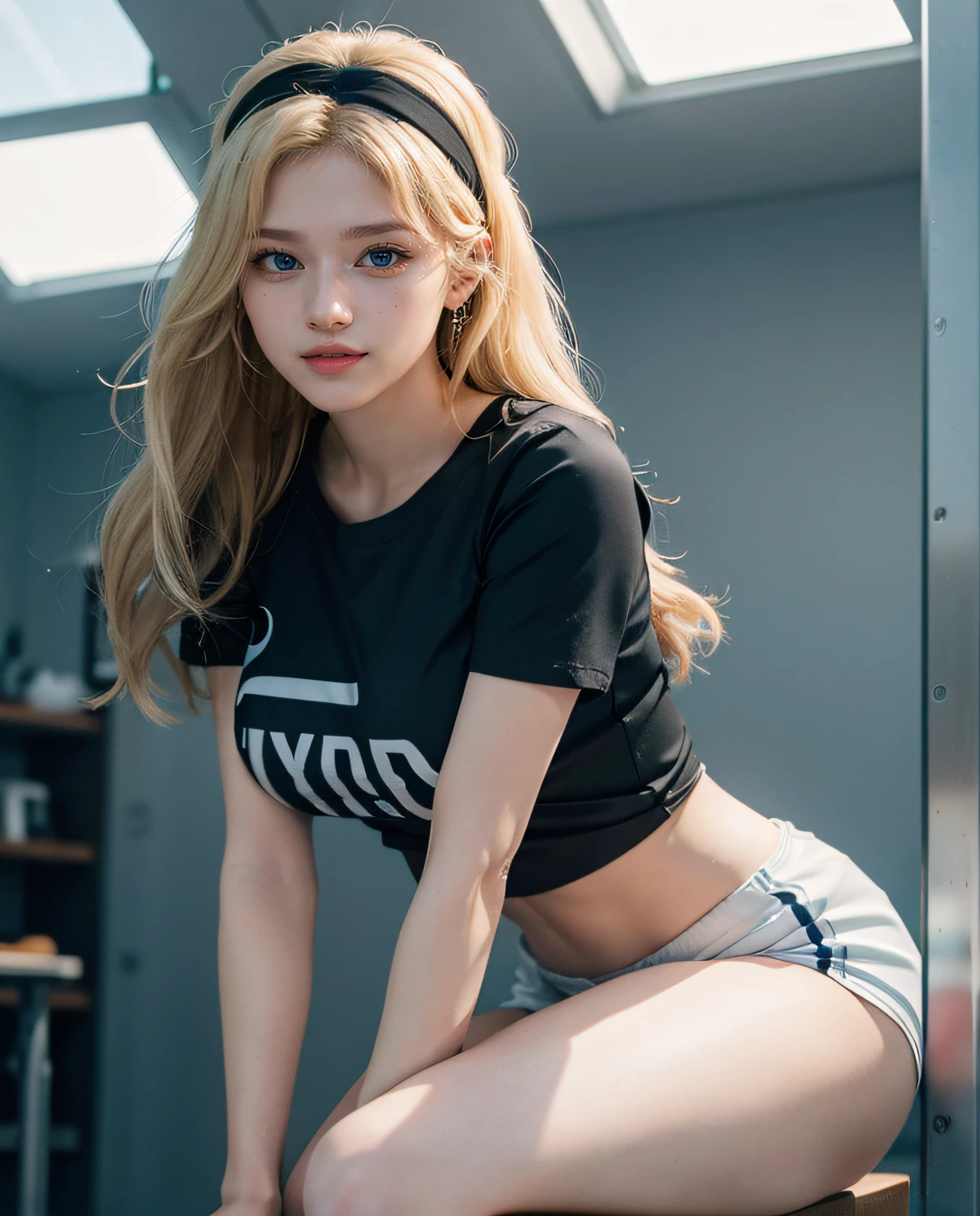 1girl, (Blue eyes), (Smile), (Sana Minatozaki), wide hips, Big Boobs, big ass, round butt, (Best Quality, 8k, Masterpiece: 1.3), perfect hands, Clear Focus: 1.2, Perfect Body Beauty: 1.4 , Slender Abs: 1.2, Highly detailed face and skin texture, detailed eyes, double eyelids, close up, (blonde long hair), (black short t-shirt), (sports shorts :1.2), (white headband), standing, dynamic pose, in a sports center