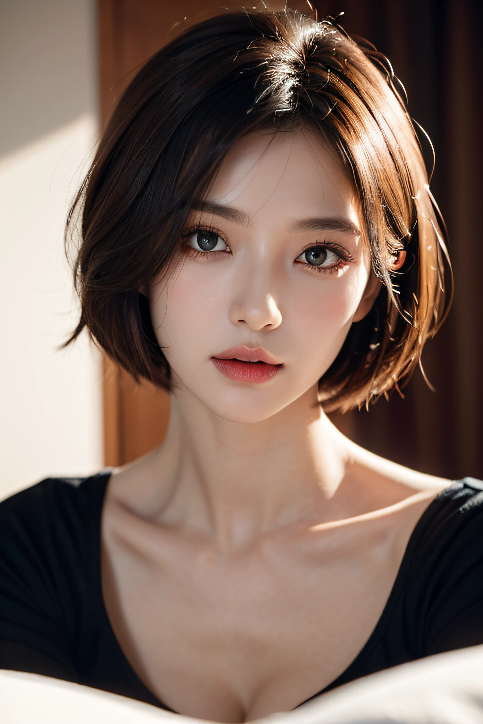 (Highest quality, masterpiece),alone, (Police uniform, Female police officer), (Very delicate and beautiful face), (Beautiful eyes in every detail),Short Bob, Center of chest,Cleavage,City lights, (Looking at the audience: 1.3), Release your lips, Red lips, Glowing Skin, Highest quality, Ultra-high resolution, (realism: 1.4),