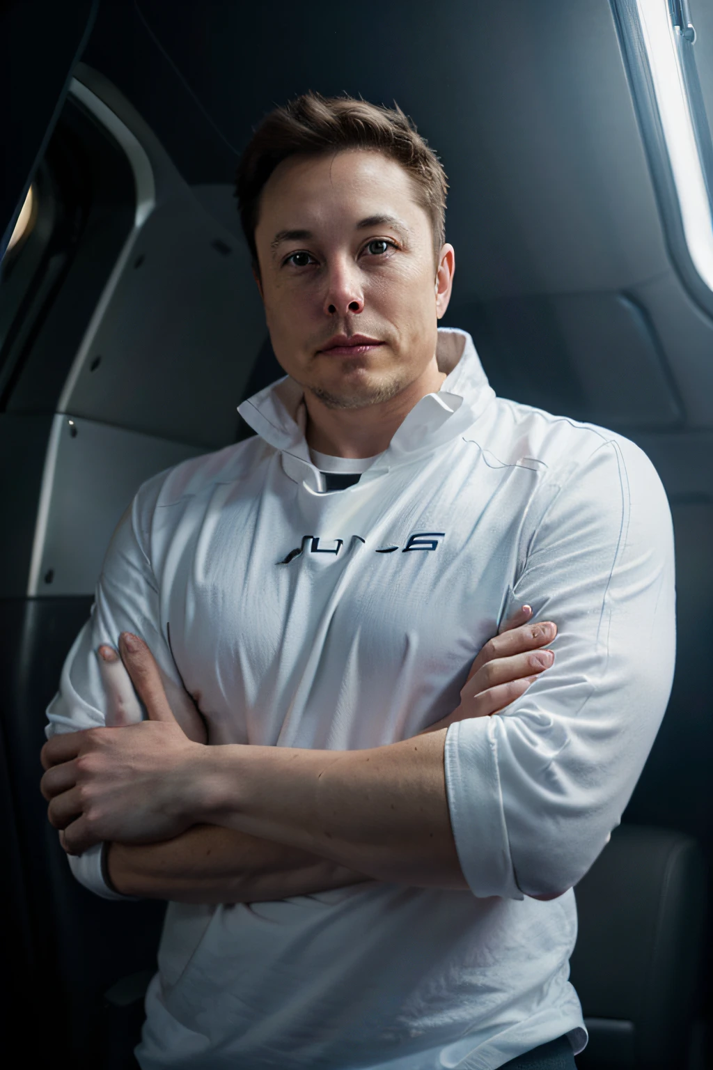 portrait de elon musk, dans un endroit du future, light color