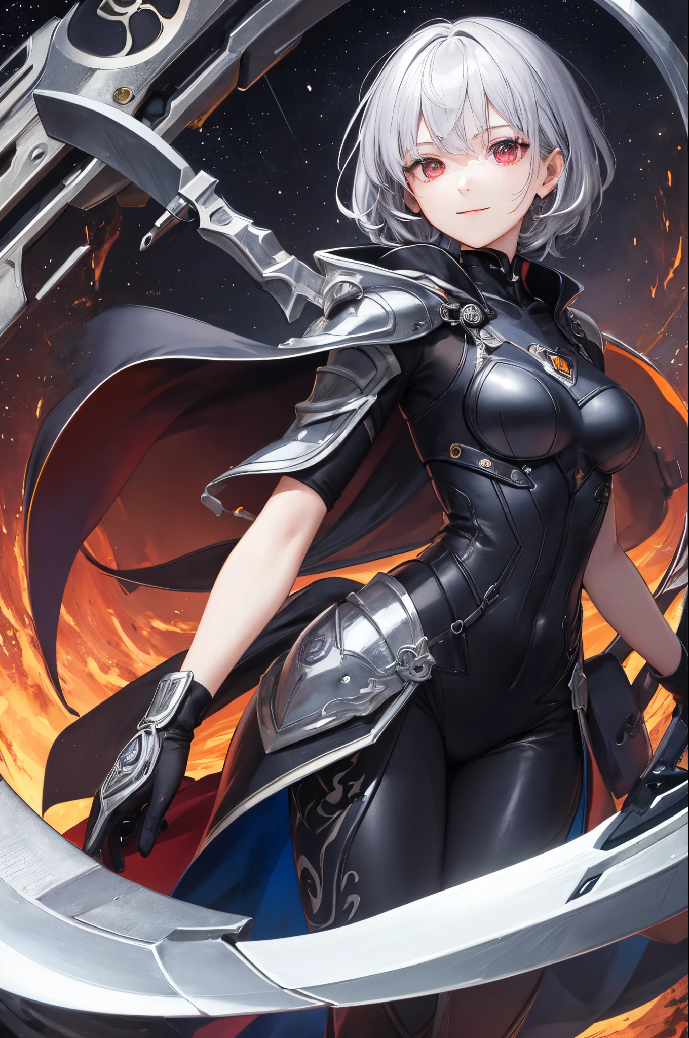 top-quality、Top image quality、masterpiece、超A high resolution、2D Beautiful Girl、android beautiful girl、sixteen years old, Cybersuit glowing black, The source of the blue energy in the chest、Silvery hair、short-haired,Red eyes、A slender、Gentle smile、(The face is depicted in detail)、The eyes are very detailed、The clothes are also depicted in detail、The background is detailed、hiquality、Beautiful Art、Fantastic Universe、Elaborate design、fight with a scythe、soio、Knights、animesque、illustratio