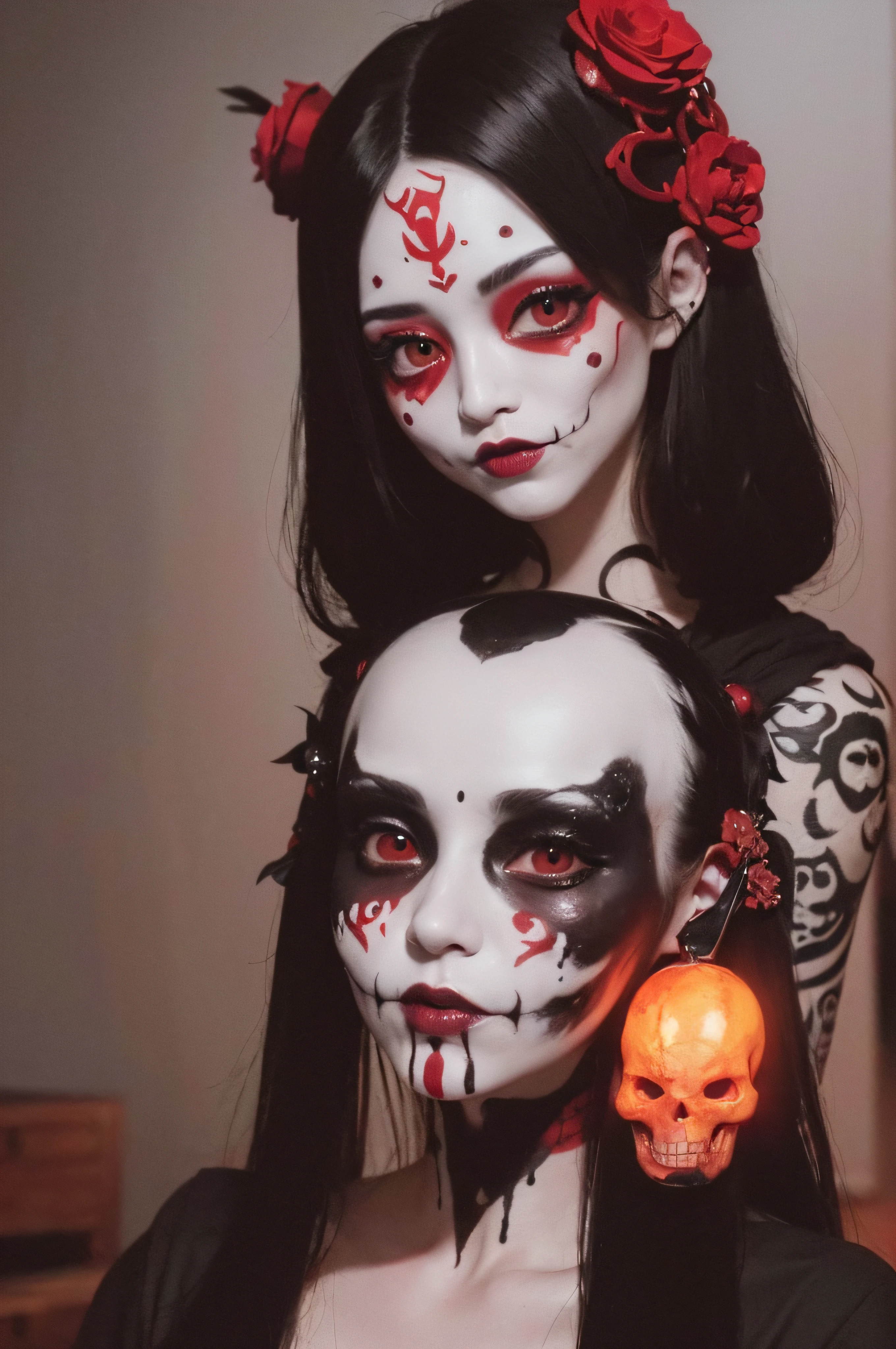 "(The best lighting, oscuro, dramatic),(feto calavera geisha escupiendo tinta roja, Cicatrices, sexy, cerebro, sangre, una rata dentro de la cabeza, terror.),(ojos rojos, calaveras). volumetric light.