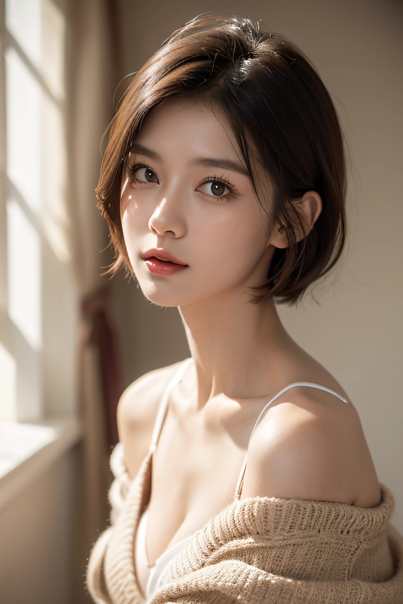 30 years old mature woman、Small face、Skin Tight Black Top:1.2, Looking at Viewer, Cinematic lighting, Perfect, softlight, High resolution skin:1.2, Realistic skin texture, Realistic face, off shoulders,Bust B Cup、 Exposed cleavage, Red Eyes, Short hair, dark brown  hair