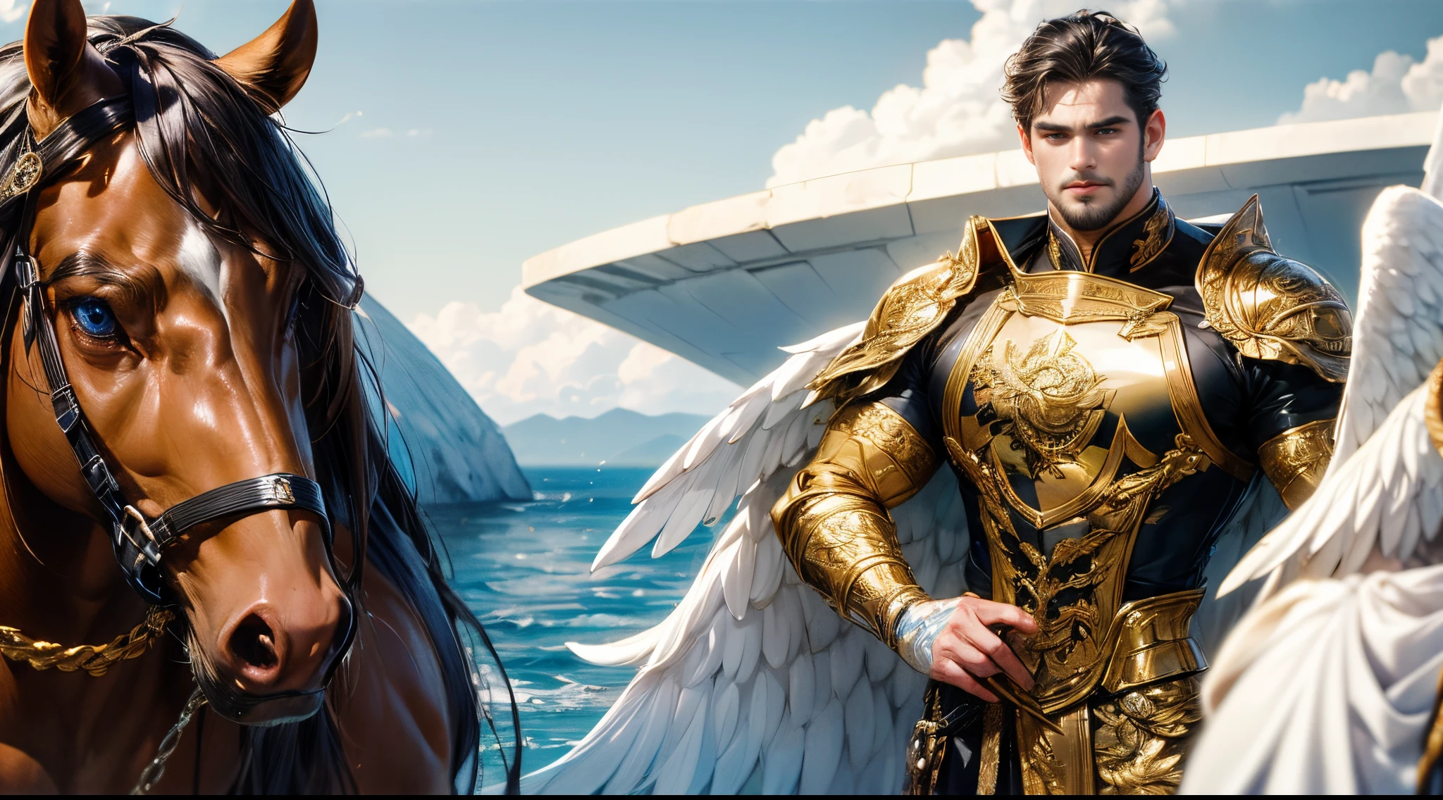 "Introducing our captivating protagonist, a handsome Latin Lover with irresistible features and a masculine expression. His tanned skin perfectly complements his intense blue eyes, which seem to hold a world of mystery. But what truly sets him apart are the magnificent wings that sprout from his back, two anatomically accurate and pristine white wings of an angel.
With a physique that exudes strength and fitness, our protagonist sports a medium-long black-brown hairstyle and a neatly trimmed beard. He is clad in sleek black military clothing, a tactical outfit that not only enhances his physique but also provides him with the agility and versatility needed for his heroic endeavors.
Every inch of his body is a work of art, adorned with a full-body tattoo that showcases his unique story and reflects his inner strength. This tattoo, painstakingly created with anatomical precision, is a testament to his resilience and determination.
Set against the backdrop of an urban city, our protagonist stands tall, embodying a sense of solitude, hope, and heroism. His posture exudes confidence as he gazes into the distance, ready to face whatever challenges lie ahead.
Get ready to embark on an extraordinary journey with our extraordinary protagonist, as he navigates a world that desperately needs his courage and compassion. Brace yourself for a thrilling adventure filled with action, romance, and the triumph of the human spirit.