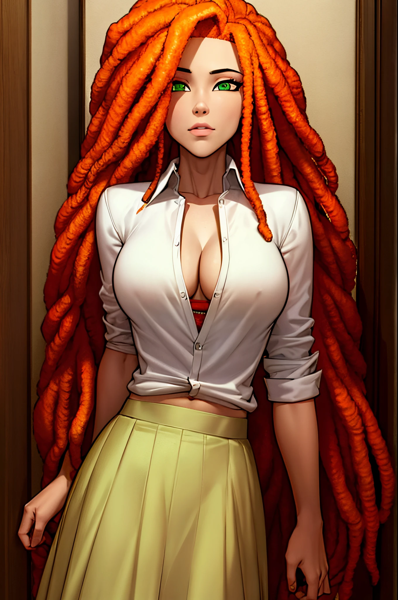 orange dreadlocks, pale skin, green eyes, busty, white shirt, skirt