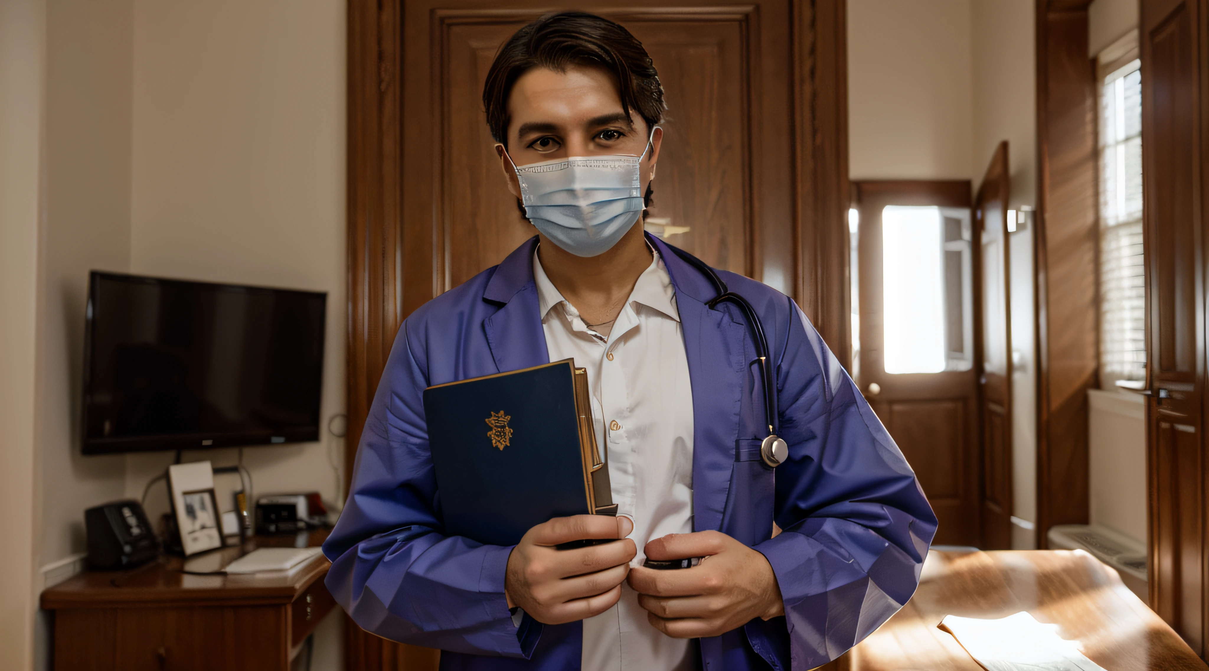 a doctor holding the holy bible, he is dressed as if he were performing surgery. He is wearing a mask and holds a Bible to his chest. The book must be closed and with the name bible legible