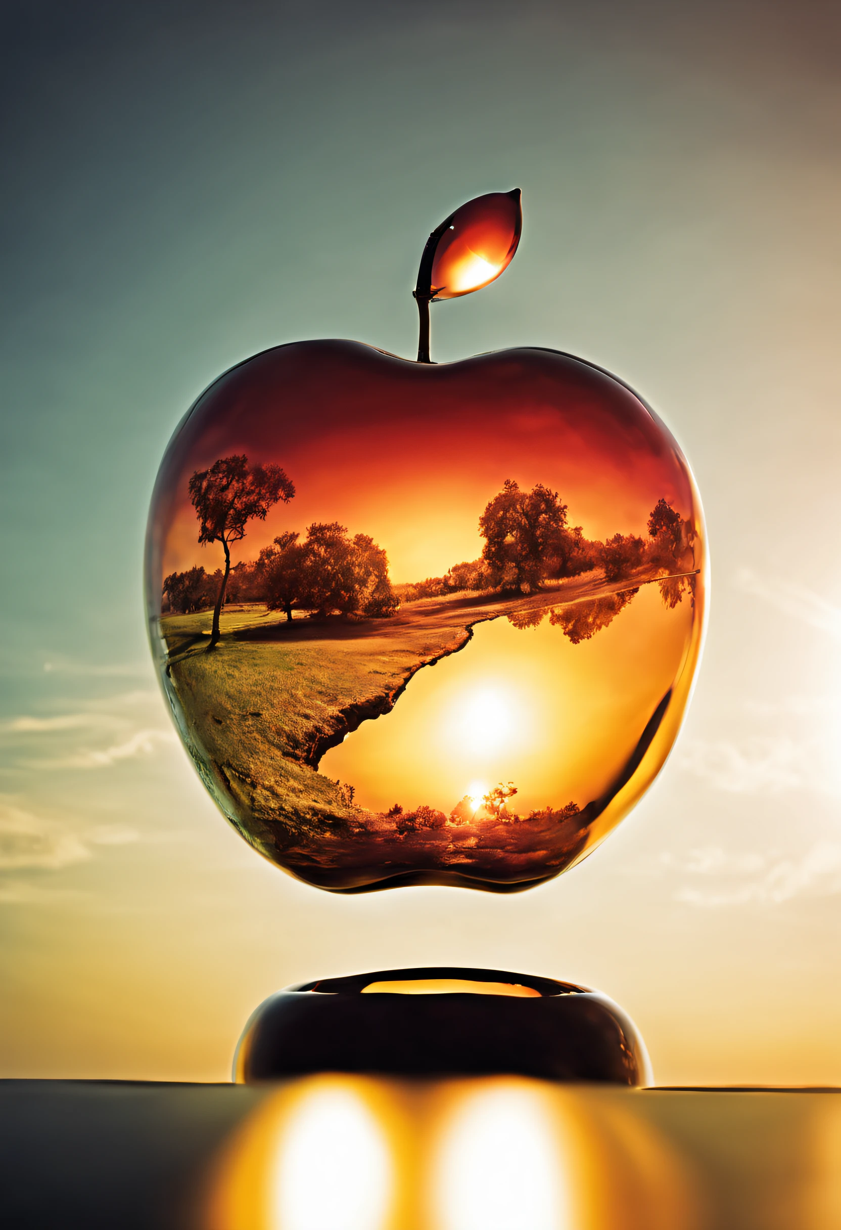 Lovely double exposure image blending sunset and glass apple. The sky should serve as the underlying background, Its details are cleverly integrated into the smooth glass apple, Focus sharp, double contact, Glossy glass apple, (translucent glass apple statue) (the sky inside) Lifeless, dead, Glass apples, Earthy color, decadent, Complex design, hyper realisitc, k hd, The is very detailed, Dark softbox image, Ray traching, Cinematic, HighDynamicRange, realisticlying (double contact:1.1)
