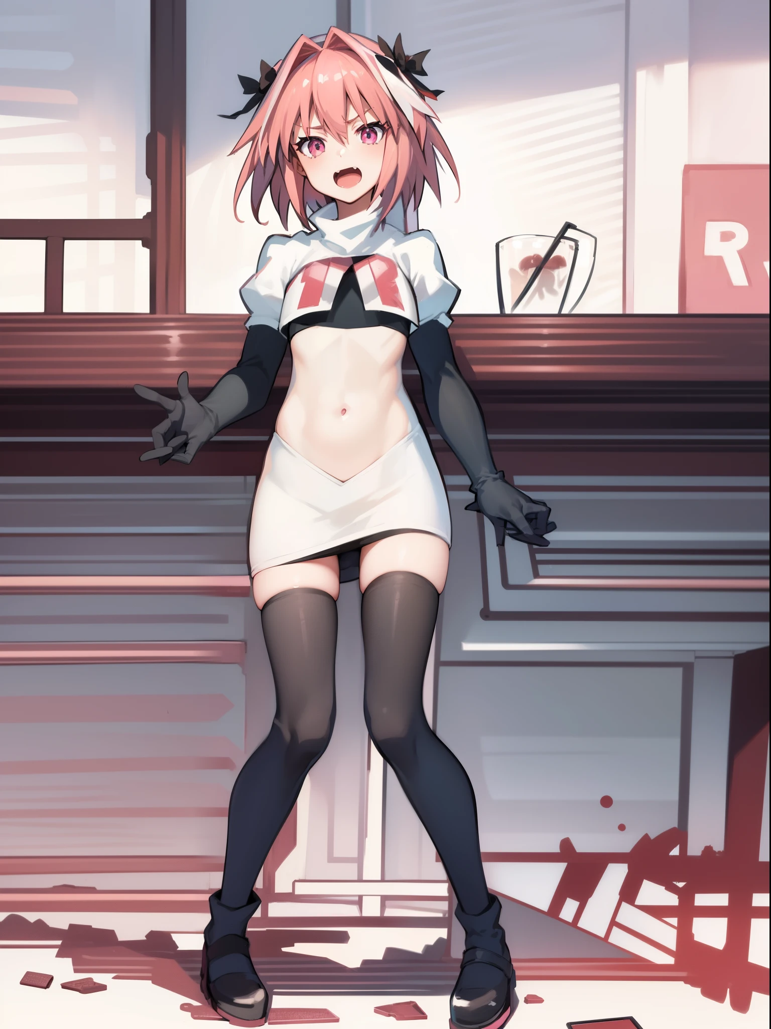 absurdres, masterpiece, best quality, (astolfo fate:1.2155), 1boy, male focus, trap, pink multicolored hair, pink hair, white hair, hair intakes, long hair, pink detailed eyes, crossdressing,1boy,team rocket,team rocket uniform,white skirt,crop top,black thigh-highs,black elbow gloves,