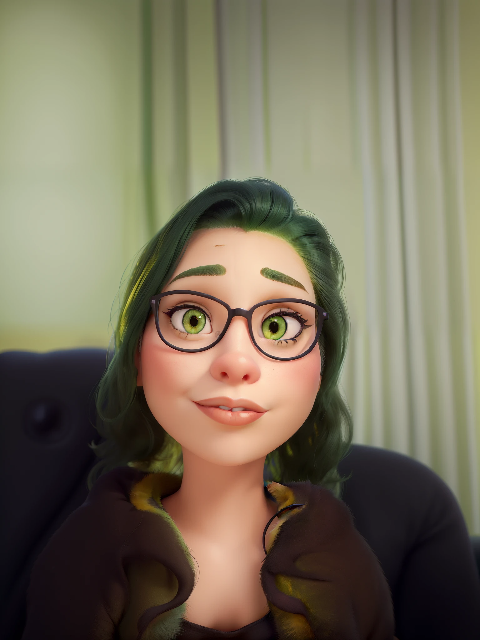 (a woman with makeup,detailed eyes,beautiful lips),(green,short,dress),(with a yellow cat on her lap),(best quality,highres),(portrait,photorealistic),(vibrant colors),(soft lighting)