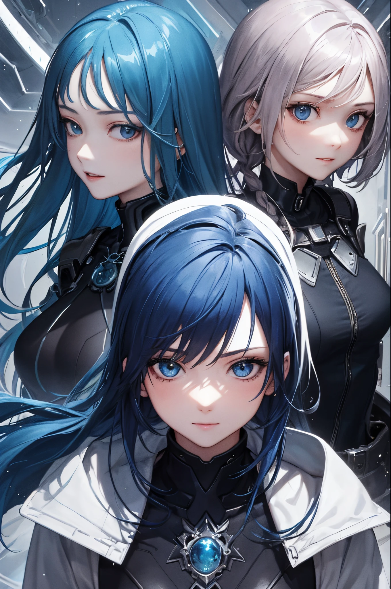 top-quality、Top image quality、masterpiece、超A high resolution、2D Beautiful Girl、android beautiful girl、, Cybersuit glowing black, The source of the blue energy in the chest、Blue hair、braid hair,Blue eyes、A slender、Gentle smile、(The face is depicted in detail)、The eyes are very detailed、The clothes are also depicted in detail、The background is detailed、hiquality、Beautiful Art、Fantastic Universe、Elaborate design、fight with a scythe、soio、Knights、animesque、illustratio