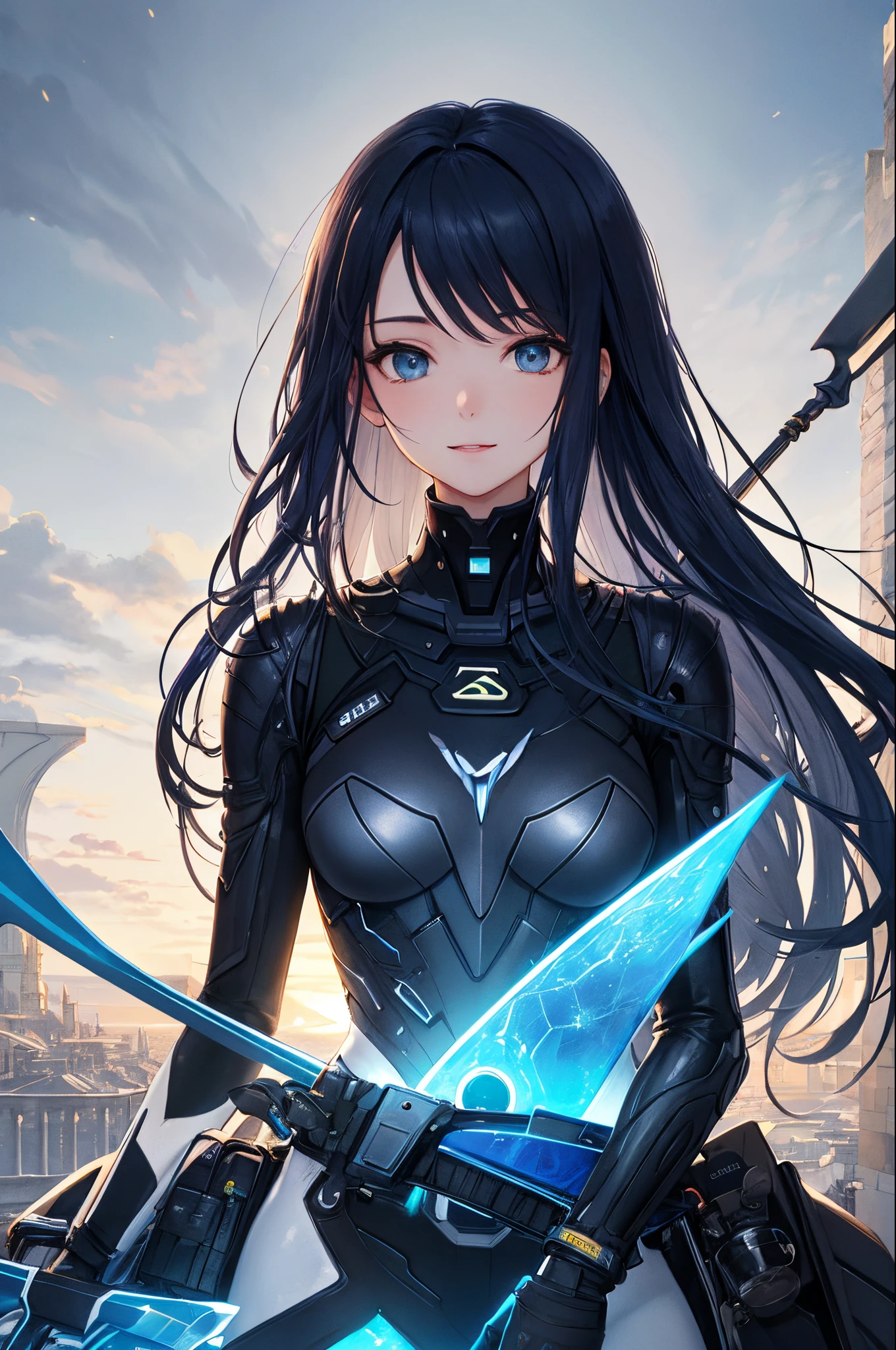 top-quality、Top image quality、masterpiece、超A high resolution、2D Beautiful Girl、android beautiful girl、sixteen years old, Cybersuit glowing black, The source of the blue energy in the chest、Blue hair、braid hair,Blue eyes、A slender、Gentle smile、(The face is depicted in detail)、The eyes are very detailed、The clothes are also depicted in detail、The background is detailed、hiquality、Beautiful Art、Fantastic Universe、Elaborate design、fight with a scythe、soio、Knights、animesque、illustratio