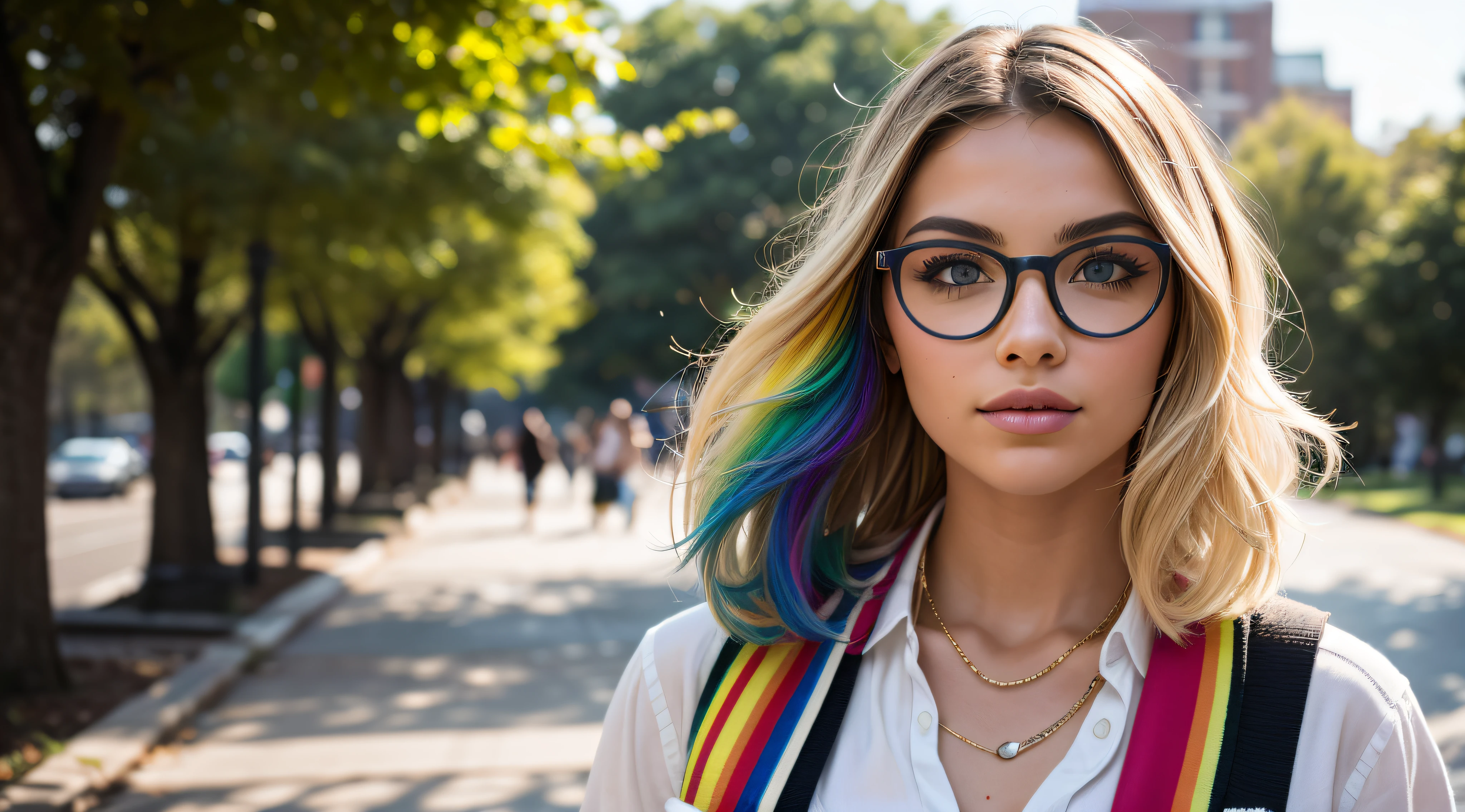 In the soft glow of a sunlit afternoon on the university campus, a confident and vibrant model with short, blonde hair adorned in the colors of the LGBTQI+ spectrum exudes individuality and pride. With fair skin and a pair of stylish glasses, she adds an intellectual touch to her expressive and colorful ensemble. Dressed in a fashion-forward outfit, the model showcases her unique style. The sunlight bathes the campus in warmth, casting a gentle play of light and shadows on the surroundings. The camera adeptly captures the nuanced details of her appearance, highlighting the textures of her clothing and the natural elements of the environment. Her short, blonde hair is a canvas for a playful display of LGBTQI+ colors, creating a dynamic and eye-catching effect. The colors are carefully woven into the hair, symbolizing inclusivity and diversity. The glasses add a touch of sophistication, complementing the overall look. Facial features are carefully portrayed, capturing the essence of a confident and expressive demeanor. The glasses enhance the model's intellectual appeal, while her engaging gaze adds depth and personality to the scene. The camera angles offer various perspectives, capturing the model in motion as she navigates through the campus scenery. The vibrant colors in her hair stand out against the greenery, creating a visually stunning and celebratory display of individuality and pride. This detailed image prompt aims to celebrate the radiant diversity and unique style of a model with short, blonde hair adorned in LGBTQI+ colors, wearing glasses and confidently embracing her identity on the university campus.