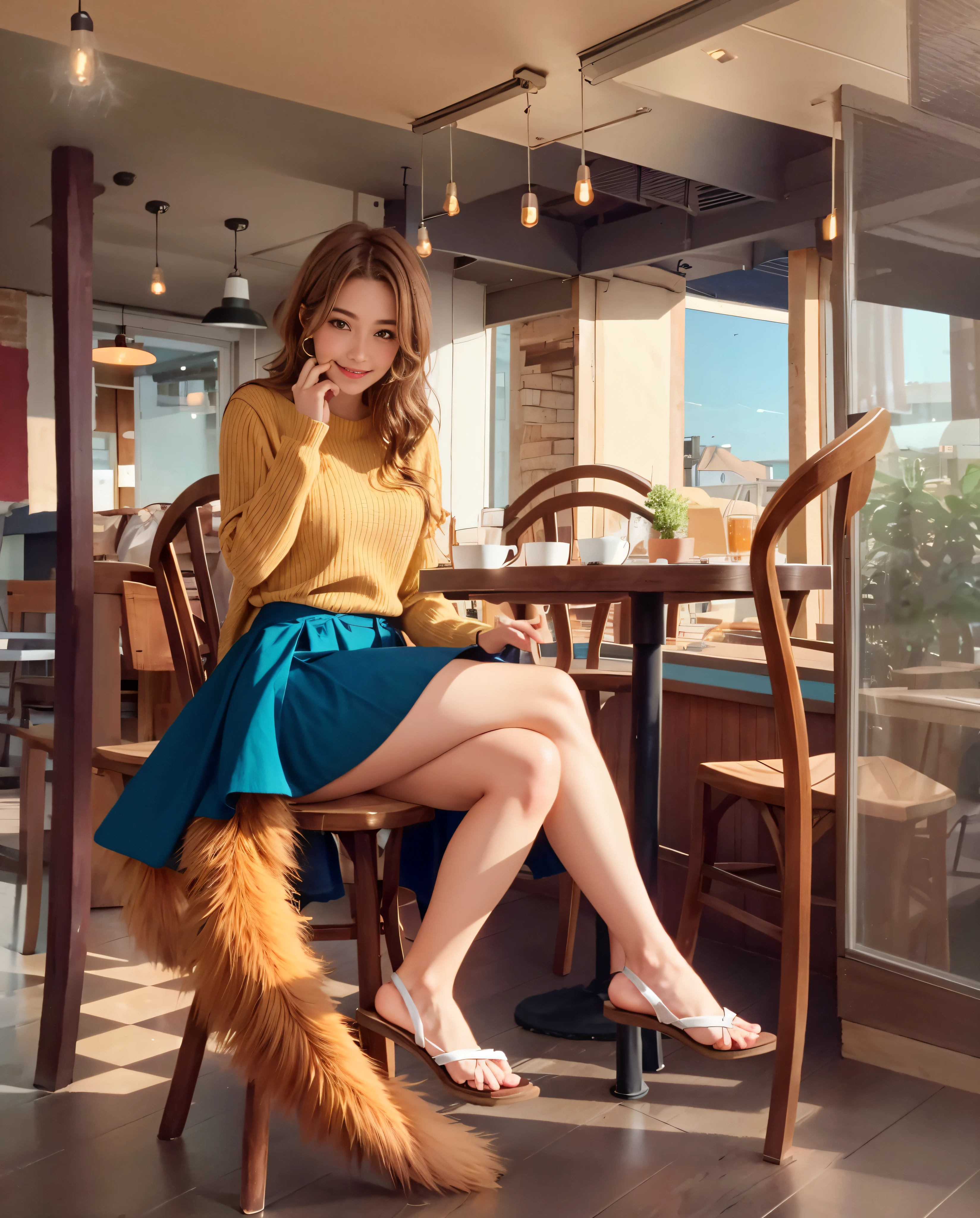 Chestnut haired woman sitting at the table, Woman in a mysterious coffee shop, in coffee shop, sitting in a cafe, in a bright cafe, Bushy tail, Fox tail, foxgirl, Commission for high resolution, full body commission for, sitting in a cafe alone, sitting alone in a cafe, very very beautiful furry art, White panties, A smile, a picture, top-quality, Eight-headed body, Slimming legs, a small face, small tits
