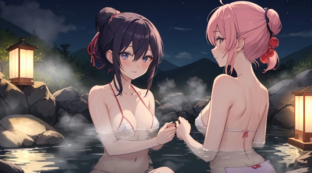 two characters bathing in the hot springs at night, they have their hair tied up from Japan anime style art