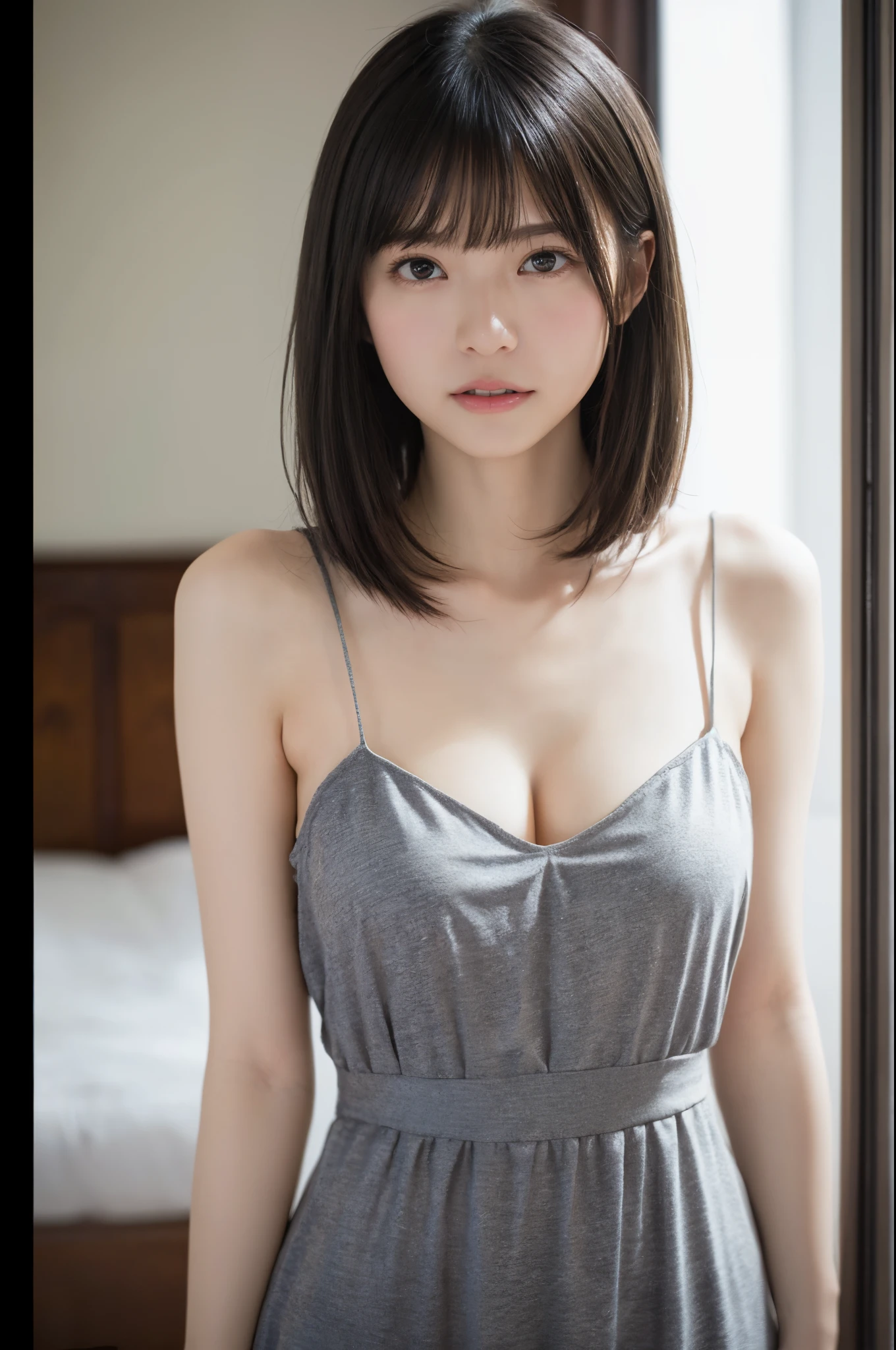random pose, mix4, (8K, Raw foto, Best Quality, Masterpiece: 1.45), (realisitic, Photorealistic: 1.37), One Girl, Cute, Cityscape, natta, Sateen, saturated, Professional Lighting, photons mapping, radiosity, physics based rendering(physics based rendering(physics based rendering(physics based rendering(Physically Based Rendering)))), Gradient black hair, Gray hair, Short curly hair, Handsome, girl, Deep V-neckline slip dress, pale-skin, top quality photo, high resolucion, 1080p, (Clear face), (detailed facial description), (Detailed hand description), (Masterpiece), (Exquisite CG), Extreme light and shadow, ldisheveled hair, master work, Rich Details, (fine facial features), (top quality photo), (Masterpiece), (Detailed Eyes), look in front of you eyes, fine clavicle, 比基尼, No panting, No bra, areola