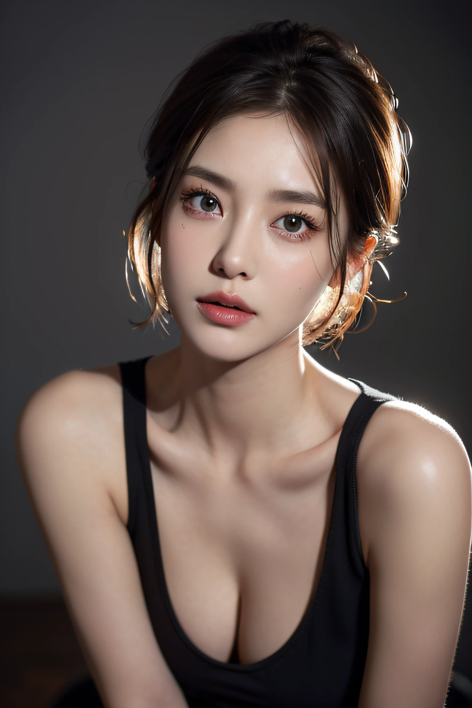 Skin Tight Black Top:1.2, Looking at Viewer, Cinematic lighting, Perfect, softlight, High resolution skin:1.2, Realistic skin texture,30 years old mature woman、 Realistic face, off shoulders, Exposed cleavage,natural make up、 Detailed red eyes、 Short hair, dark brown hair、Small face、Bust B Cup