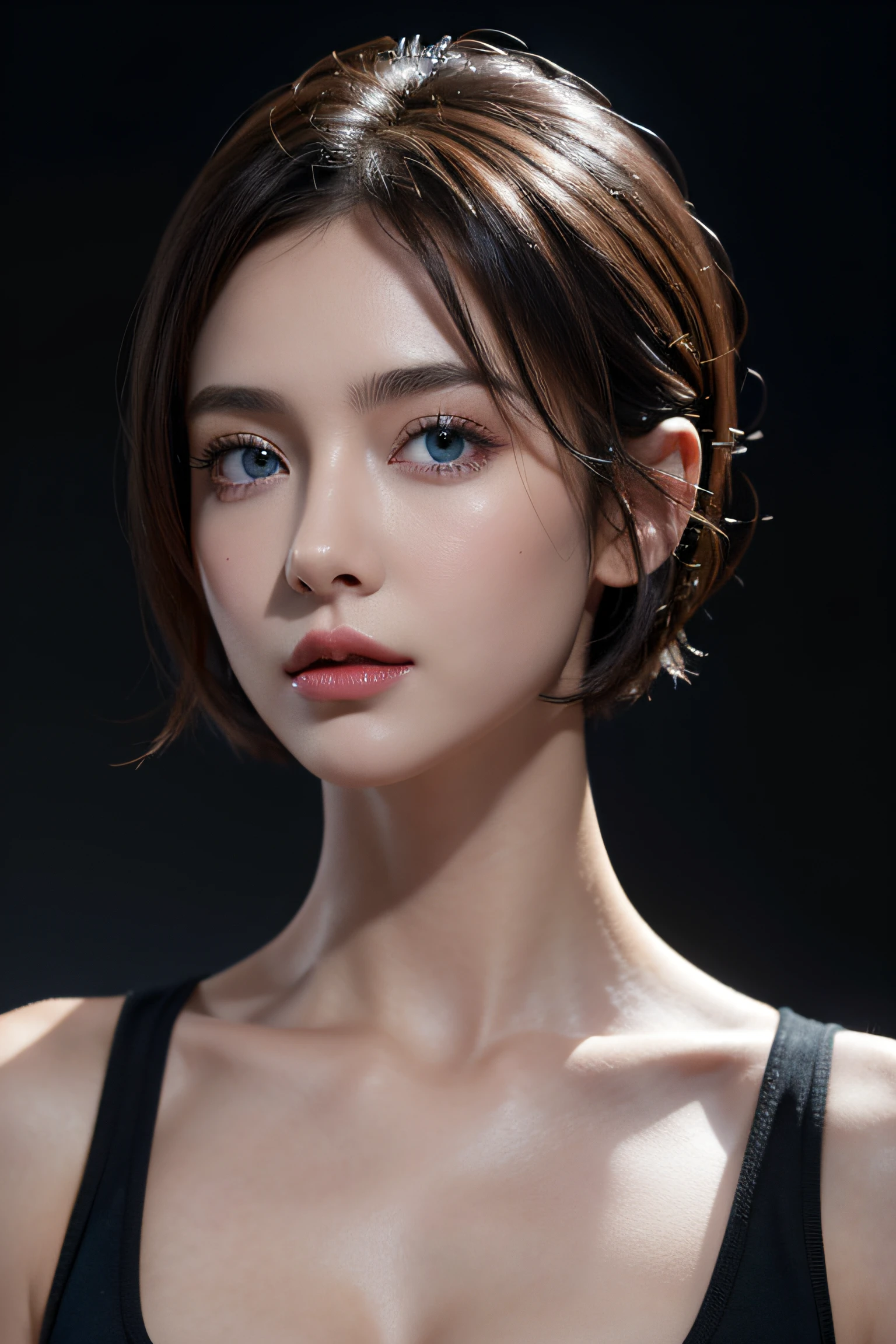 Skin Tight Black Top:1.2, Looking at Viewer, Cinematic lighting, Perfect, softlight, High resolution skin:1.2, Realistic skin texture, Realistic face, off shoulders, Exposed cleavage, Blue eyes, Short hair, dark brown hair、Small face、Bust B Cup、