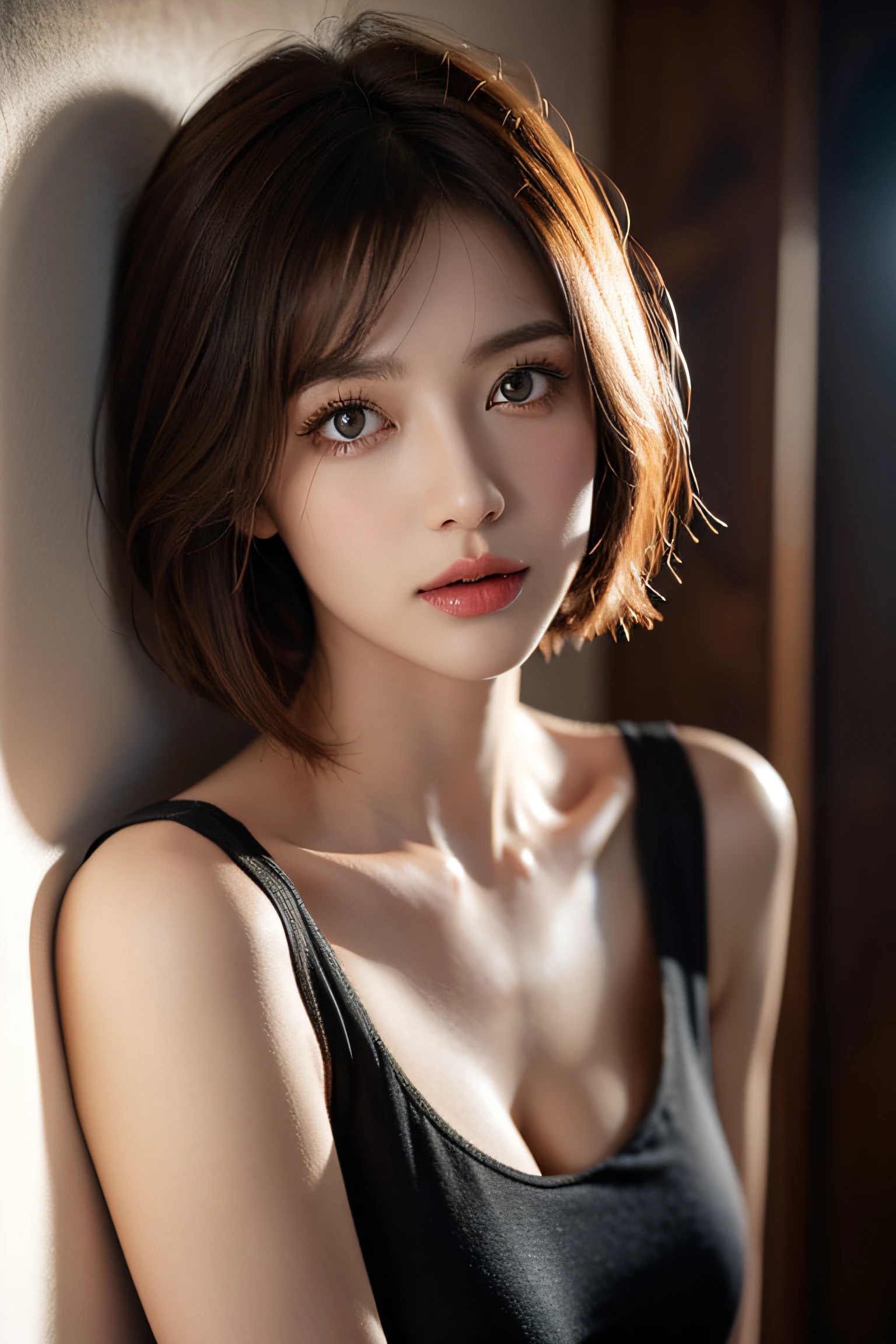 Skin Tight Black Top:1.2, Looking at Viewer, Cinematic lighting, Perfect, softlight, High resolution skin:1.2, Realistic skin texture,30 years old mature woman、 Realistic face, off shoulders, Exposed cleavage,natural make up、 Detailed red eyes、 Short hair, dark brown  hair、Small face、Bust B Cup