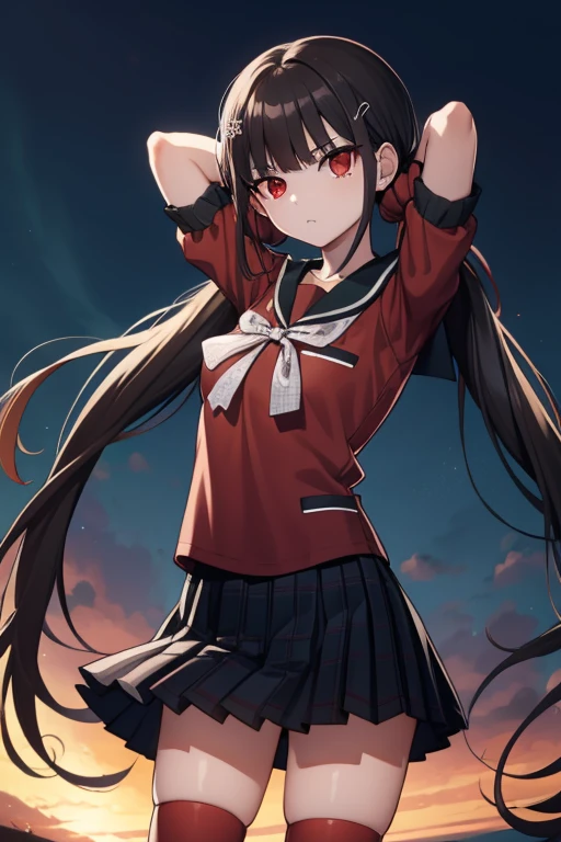makiharukawa, harukawa maki, long hair, bangs, brown hair, black hair, hair ornament, (red eyes:1.5), twintails, very long hair, hairclip, blunt bangs, mole under eye, low twintails, scrunchie, hair scrunchie, red scrunchie, (small breast:1.2), BREAK skirt, shirt, thighhighs, long sleeves, bow, , pleated skirt, serafuku, miniskirt, black skirt, sailor collar, mole, bracelet, zettai ryouiki, plaid, plaid skirt, red shirt, black sailor collar, red thighhighs, solo, (cowboy shot:1.5), night sky, forest, arms behind head, contrapposto, shy smile, spread armpits, shy smile, (masterpiece:1.2), best quality, high resolution,
