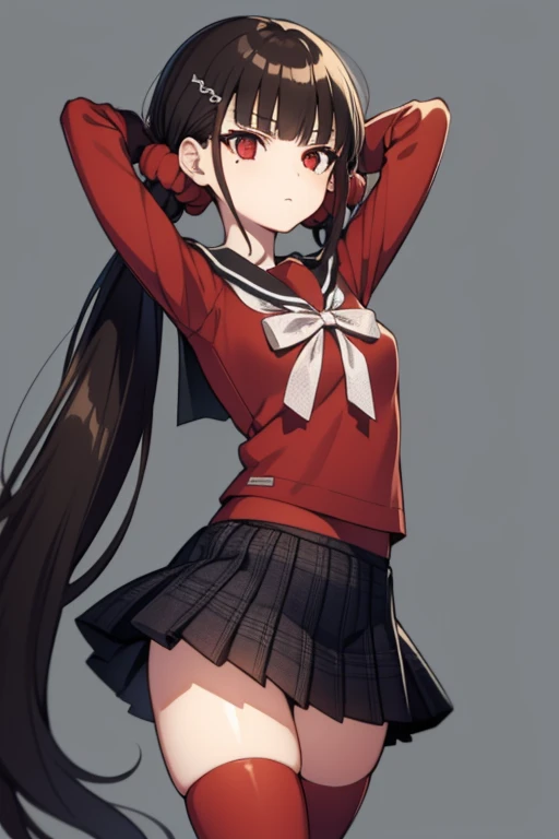 makiharukawa, harukawa maki, long hair, bangs, brown hair, black hair, hair ornament, (red eyes:1.5), twintails, very long hair, hairclip, blunt bangs, mole under eye, low twintails, scrunchie, hair scrunchie, red scrunchie, (small breast:1.2), BREAK skirt, shirt, thighhighs, long sleeves, bow, school uniform, pleated skirt, serafuku, miniskirt, black skirt, sailor collar, mole, bracelet, zettai ryouiki, plaid, plaid skirt, red shirt, black sailor collar, red thighhighs, BREAK looking at viewer, BREAK outside, beach, BREAK (masterpiece:1.2), best quality, high resolution, unity 8k wallpaper, (illustration:0.8), (beautiful detailed eyes:1.6), extremely detailed face, perfect lighting, extremely detailed CG, (perfect hands, perfect anatomy), arms behind head, contrapposto, spread armpit forest, night,