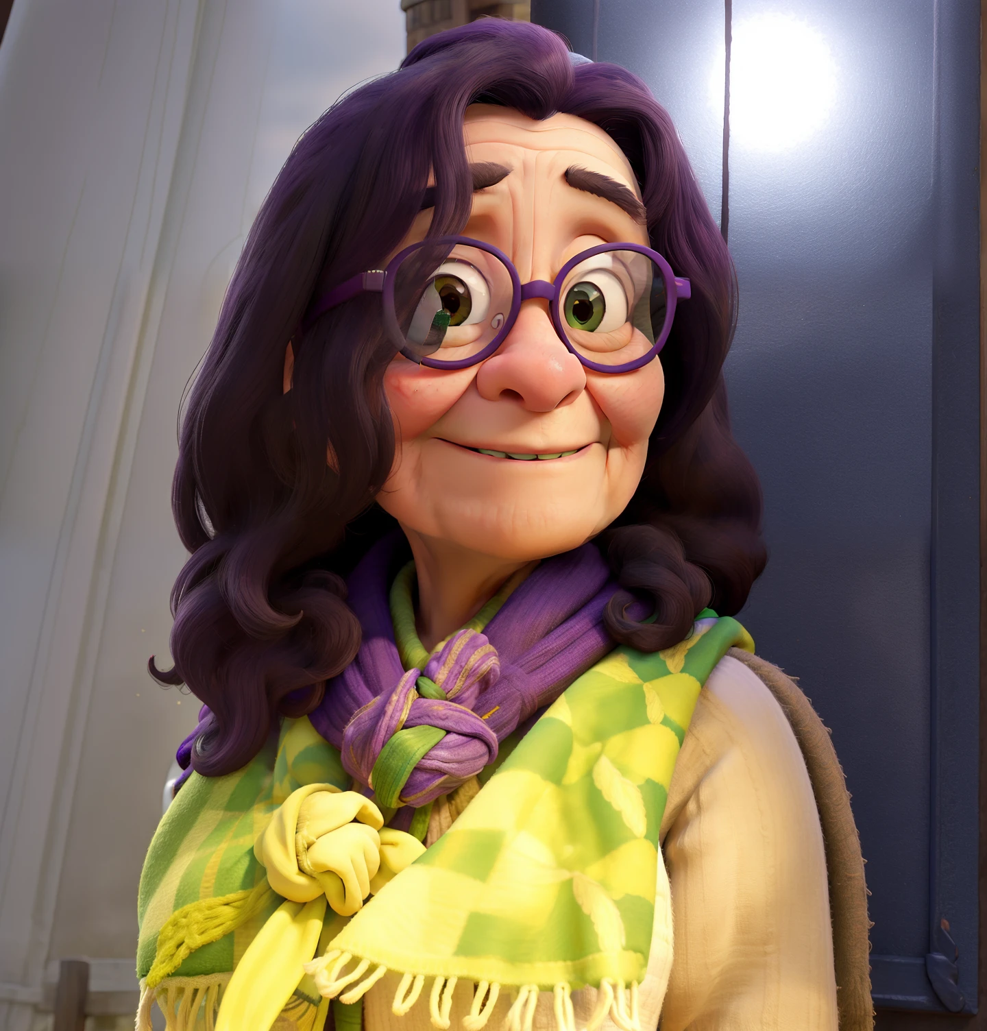 masterpiece, best quality, an old woman with glasses and a scarf on, wearing a purple coat and green scarf, standing at the park