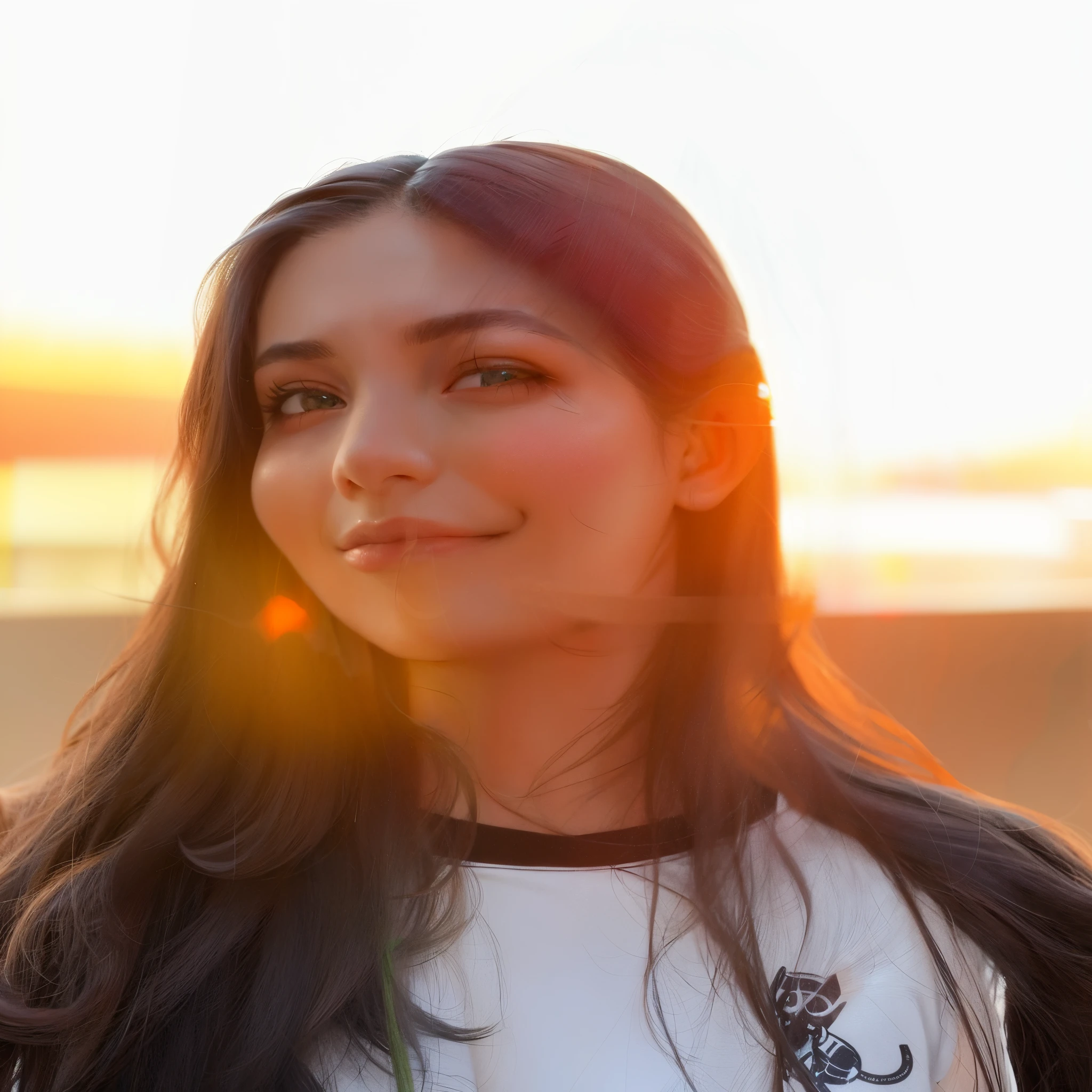 Mulher sorrindo camiseta rosa franja frontal e cabelo castanho com mecha lateral branca