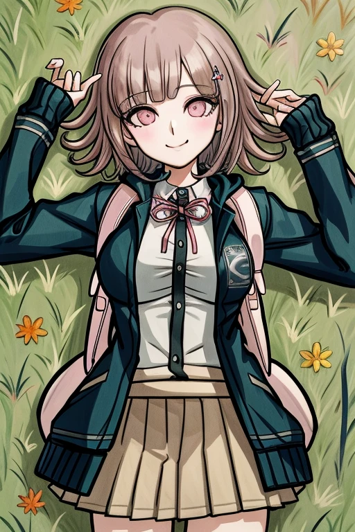 1girl, solo, hair ornament, shirt, jacket, ribbon, skirt, dress shirt, pink ribbon, open clothes, pleated skirt, white shirt, neck ribbon, backpack, collared shirt, hood, open jacket, bag, looking at viewer, black jacket, long sleeves, shirt tucked in, brown skirt, hairclip, cowboy shot, two-tone shirt, hooded jacket, breasts, medium hair, lying, on back, arms up, on grass, smile, mouth closed,