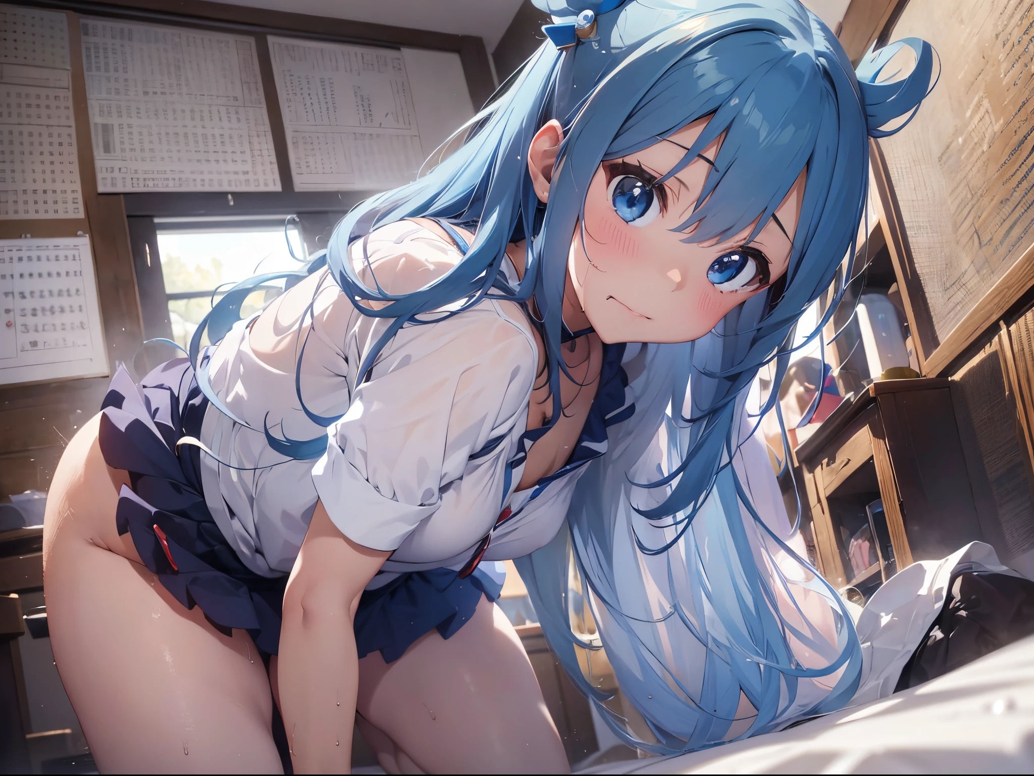 4K、fine detail、超A high resolution、Detail Face、Delicate eyes、Gradient Eyes、gradation hair、light tracing、real skin、Beautiful skin、((masterpiece、top-quality))、(1girl in)、nsfw, (a man), (man behind girl), (intense Sex:1.7), (doggy style sex), standing doggy, hetero, (man hold girl's waist), (cum out:1.2), nsfw, classroom, aqua\(Konosuba\)、blue eyess、blue hairs、white thigh high、red blush、middle breasts、hair adornments、hair rings、length hair、Konosbalashii Sekainiszkufukuwo!.