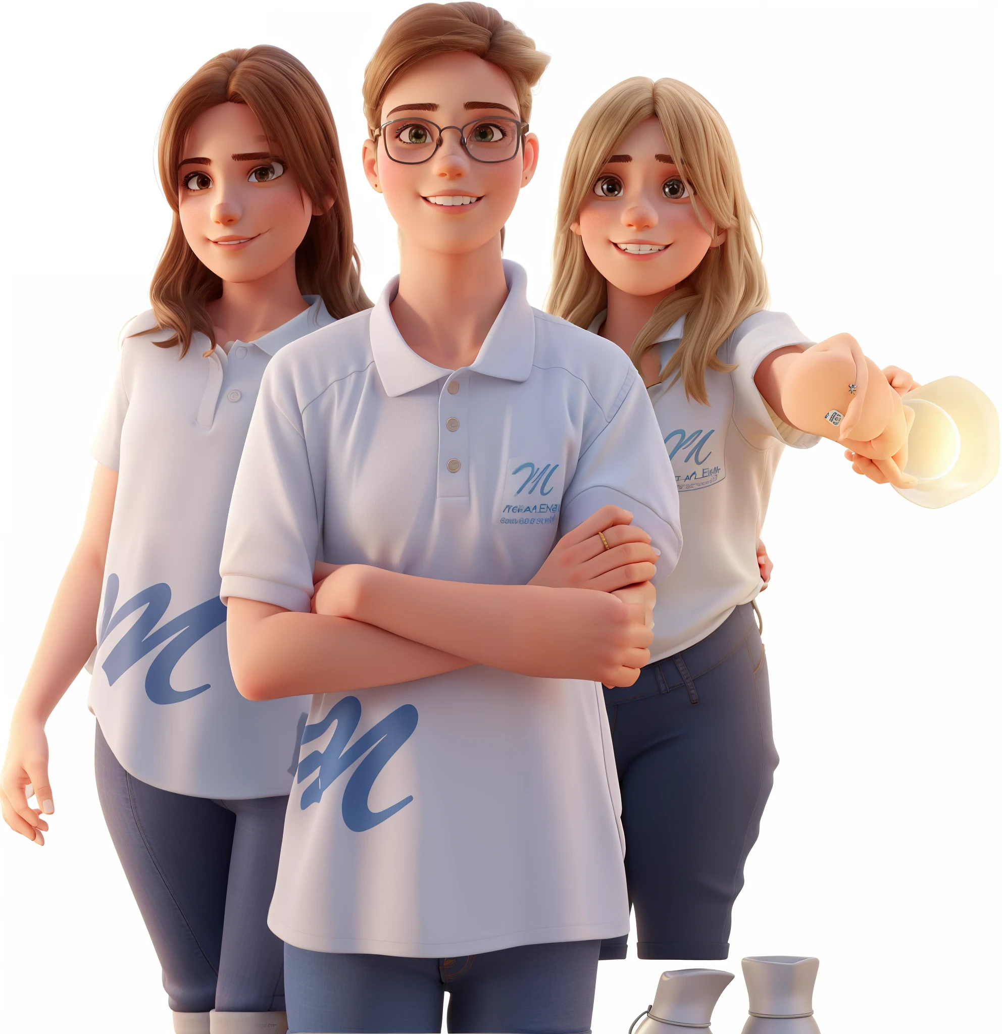 Tres adolescentes duas meninas e no meio um menino de oculos posando para uma foto, her hand touching her glasses, menina lado direito, menino com oculos no meio, menina lado esquerdo, mantenha detalhes da imagem original, renderizando para formato 3d, 8k, detalhes, detalhes cabelos, cabelos castanho escuro, Cinema lighting,
