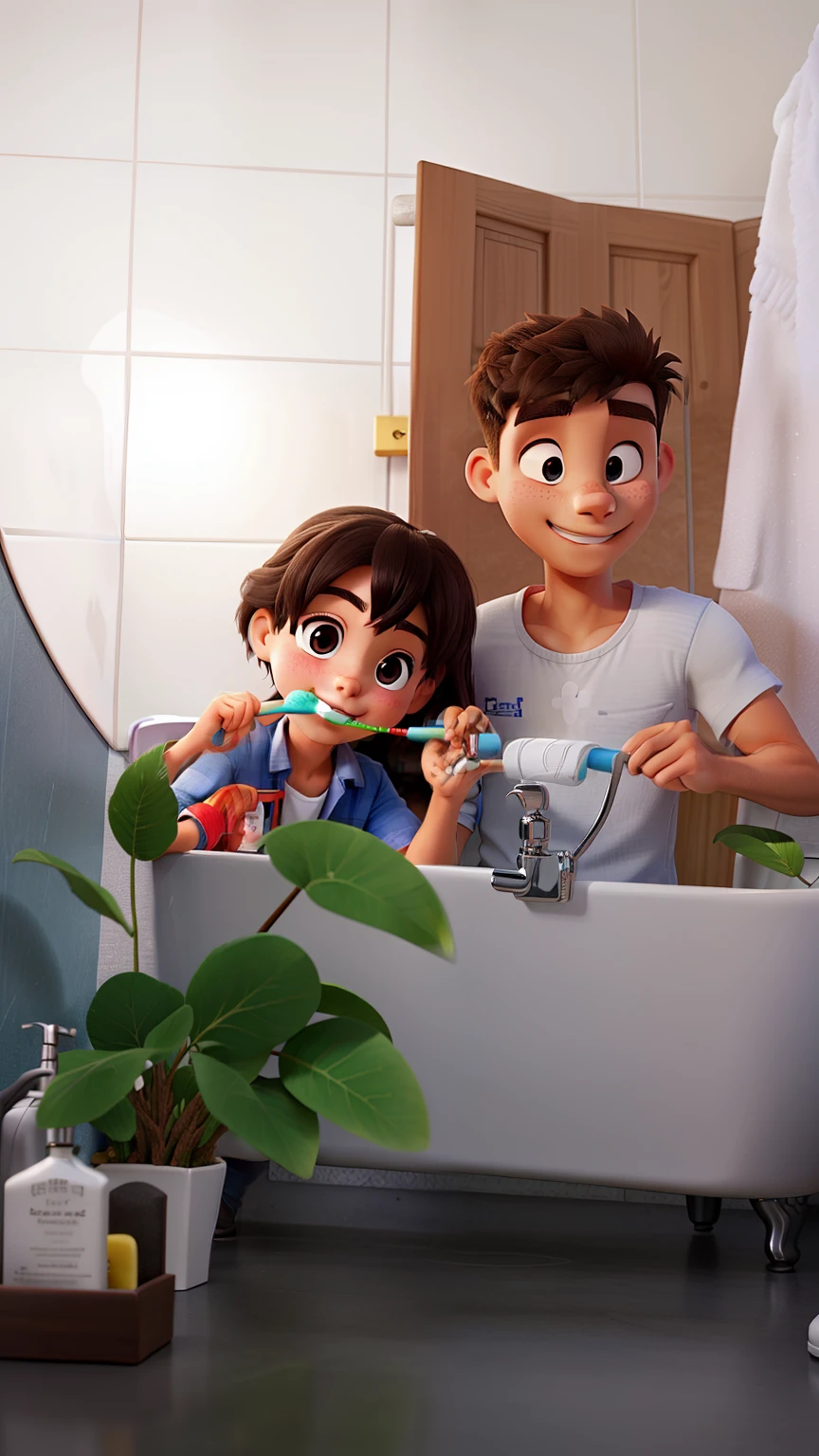 A young couple brushing their teeth together in the bathroom with the physical characteristics in the photo